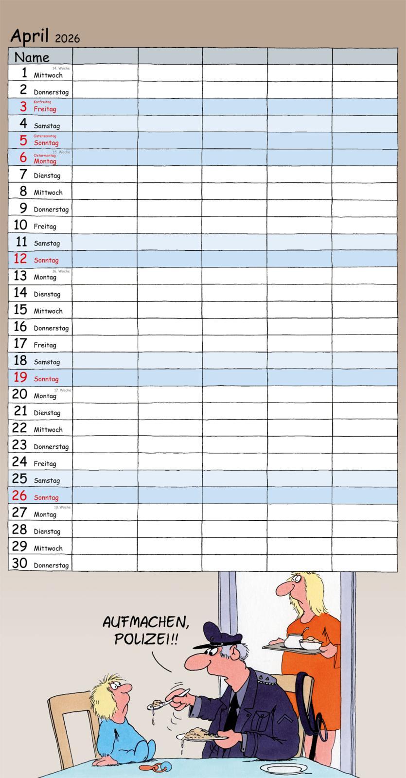 Beispielinhalt (Bild) Uli Stein Familienkalender 2026: Familienplaner mit 5 Spalten