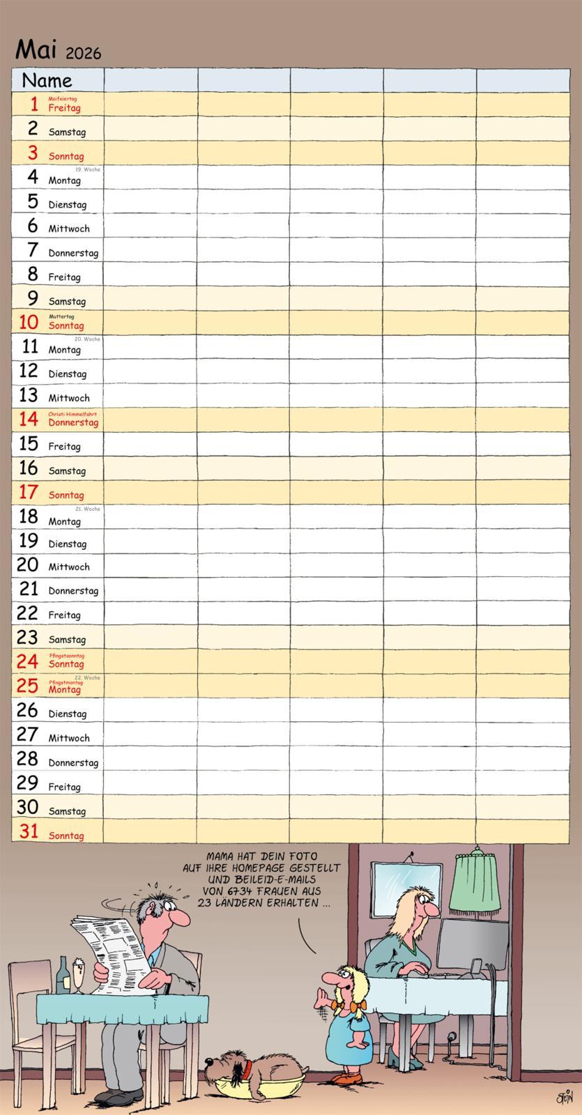 Beispielinhalt (Bild) Uli Stein Familienkalender 2026: Familienplaner mit 5 Spalten