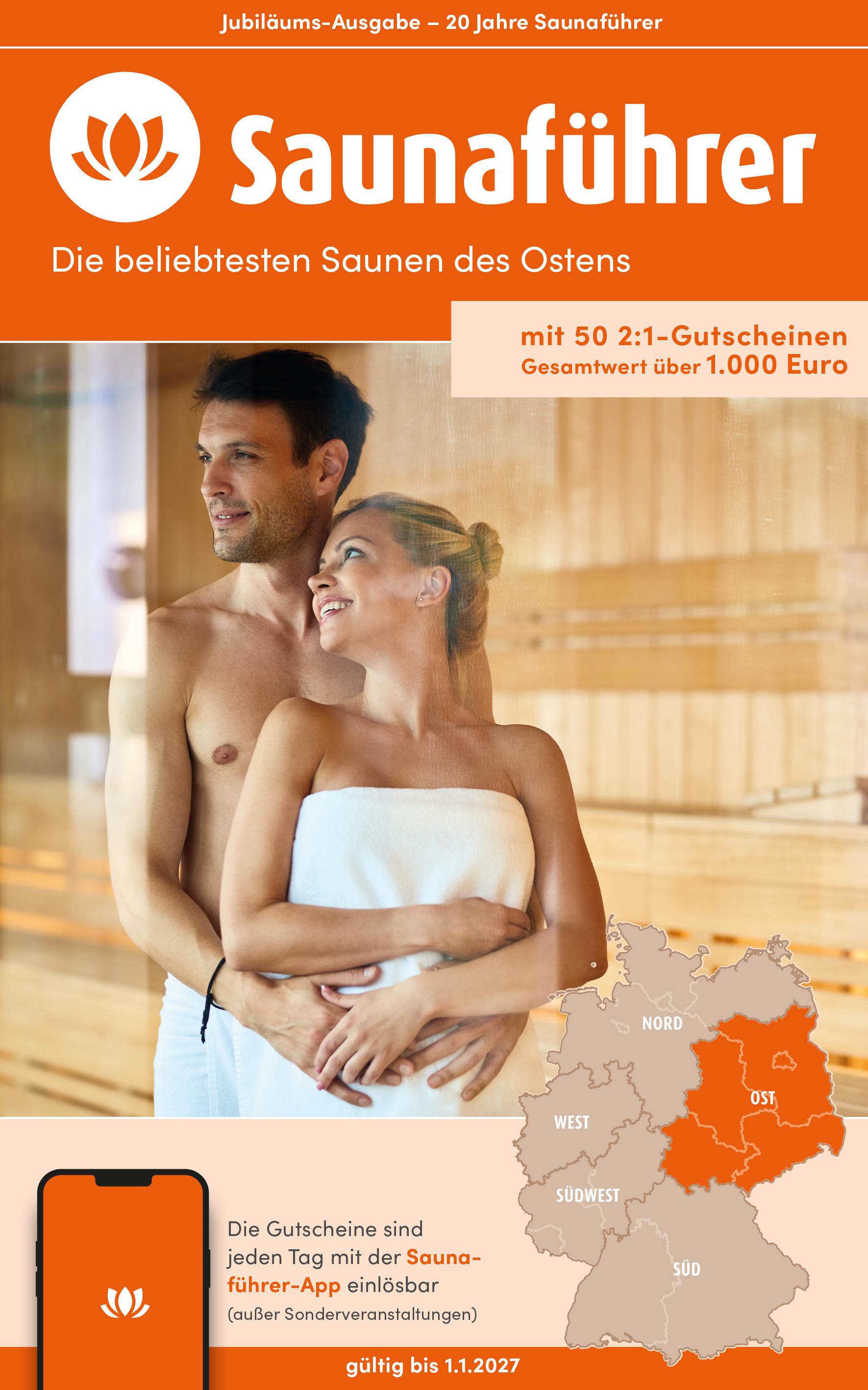 Vorderes Coverbild Osten Saunaführer - Die 50 beliebtesten Saunen für den Osten