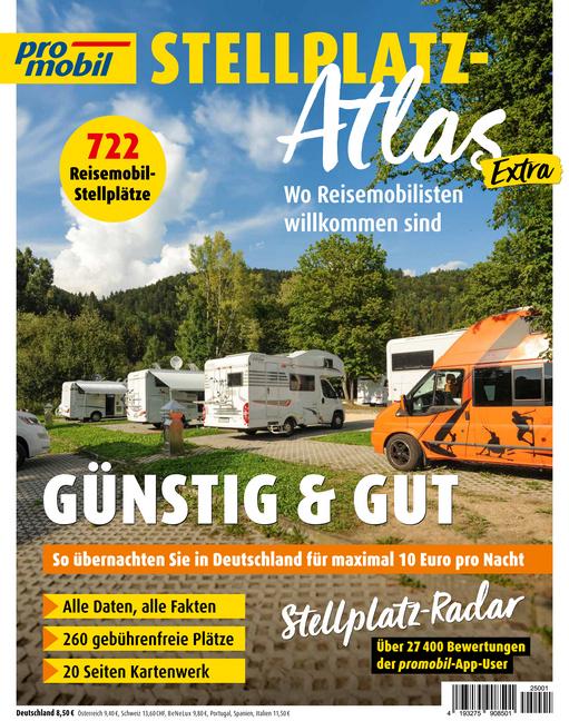 Vorderes Coverbild promobil Stellplatz-Atlas 01/2025