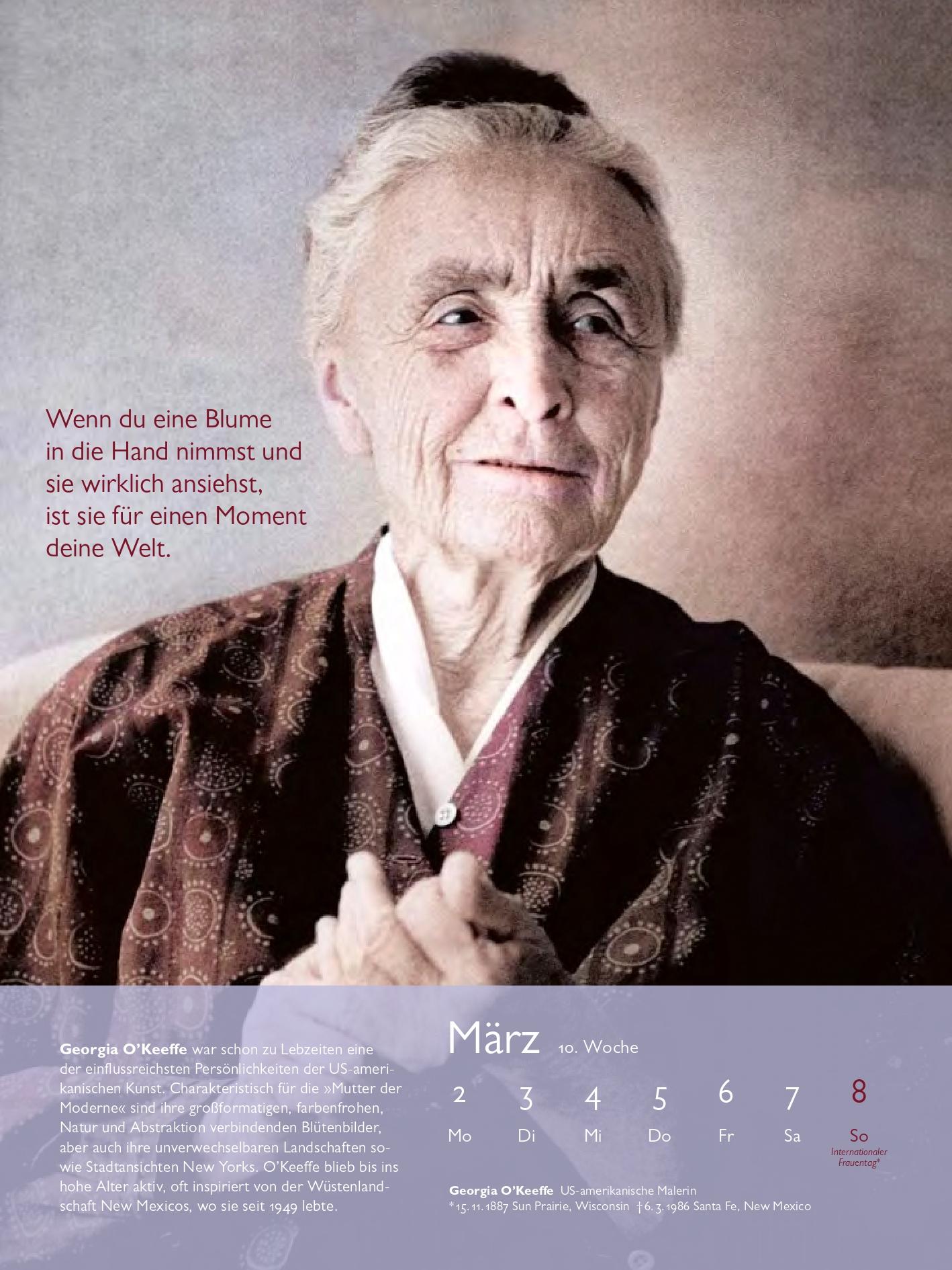 Beispielinhalt (Bild) Künstlerinnen Kalender 2026. Gedanken berühmter Frauen