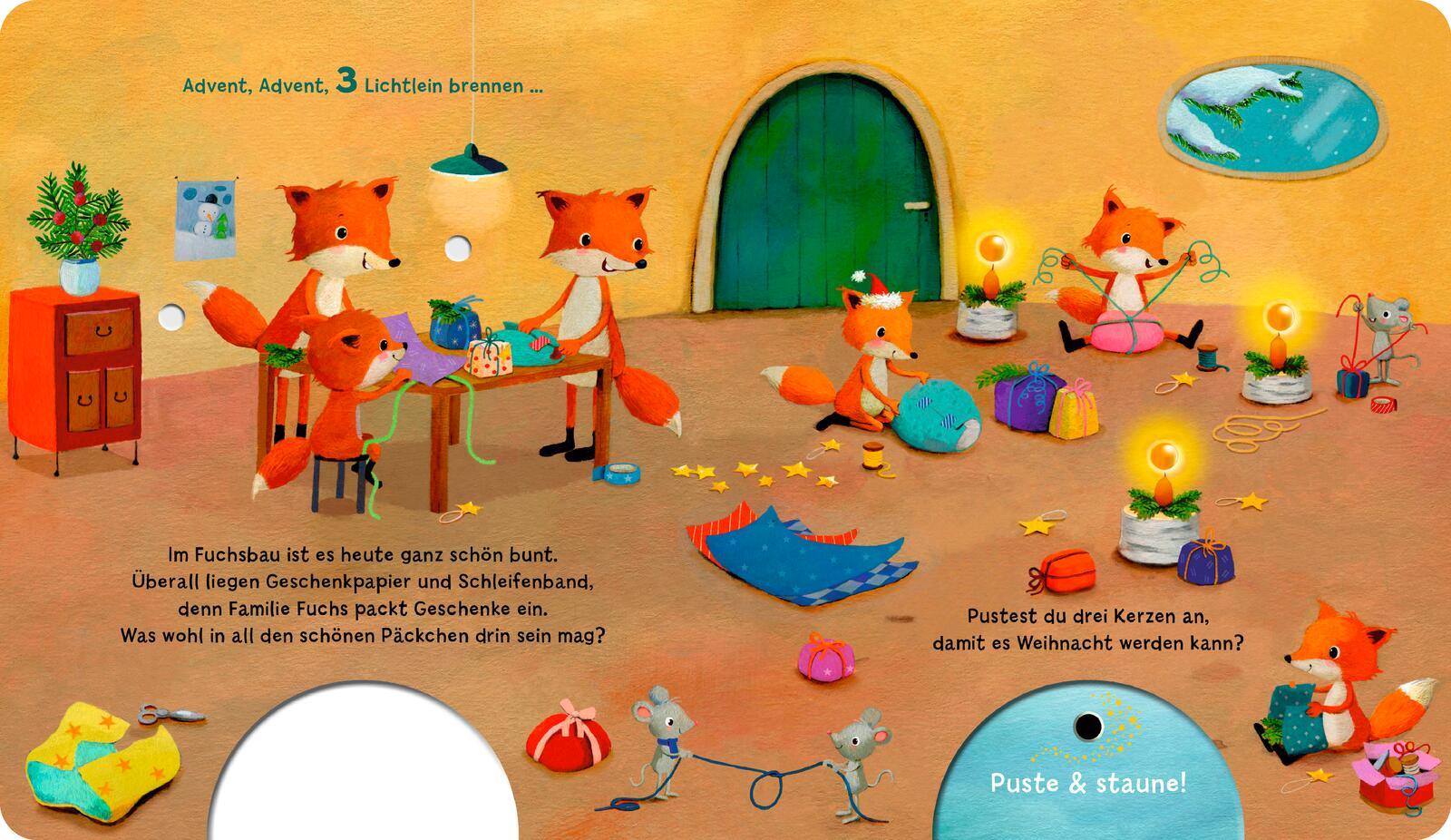 Beispielinhalt (Bild) Mein Puste-Licht-Buch: Advent, Advent, ein Lichtlein brennt