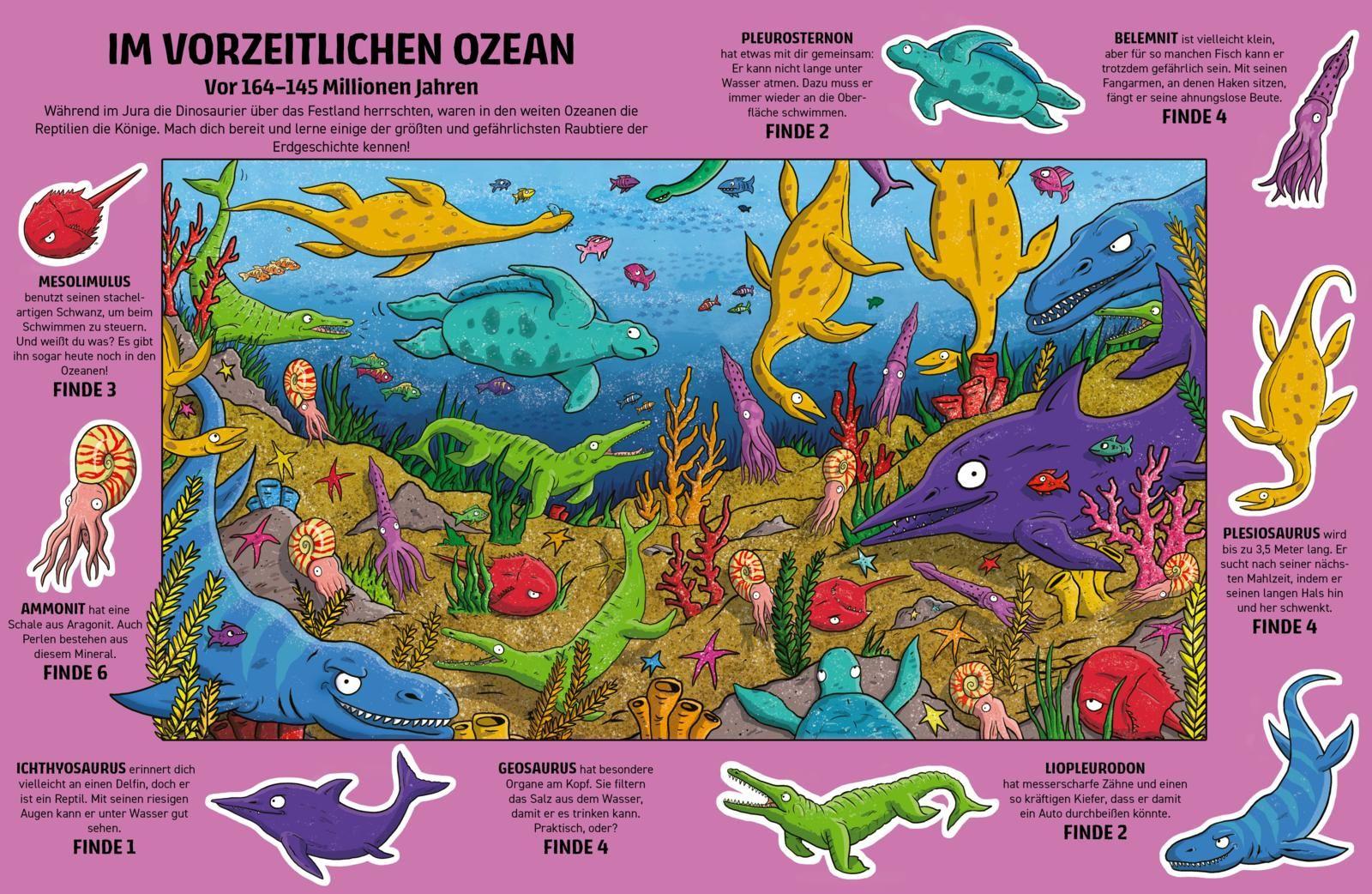 Beispielinhalt (Bild) Finde Dinosaurier, Mammut und Säbelzahntiger