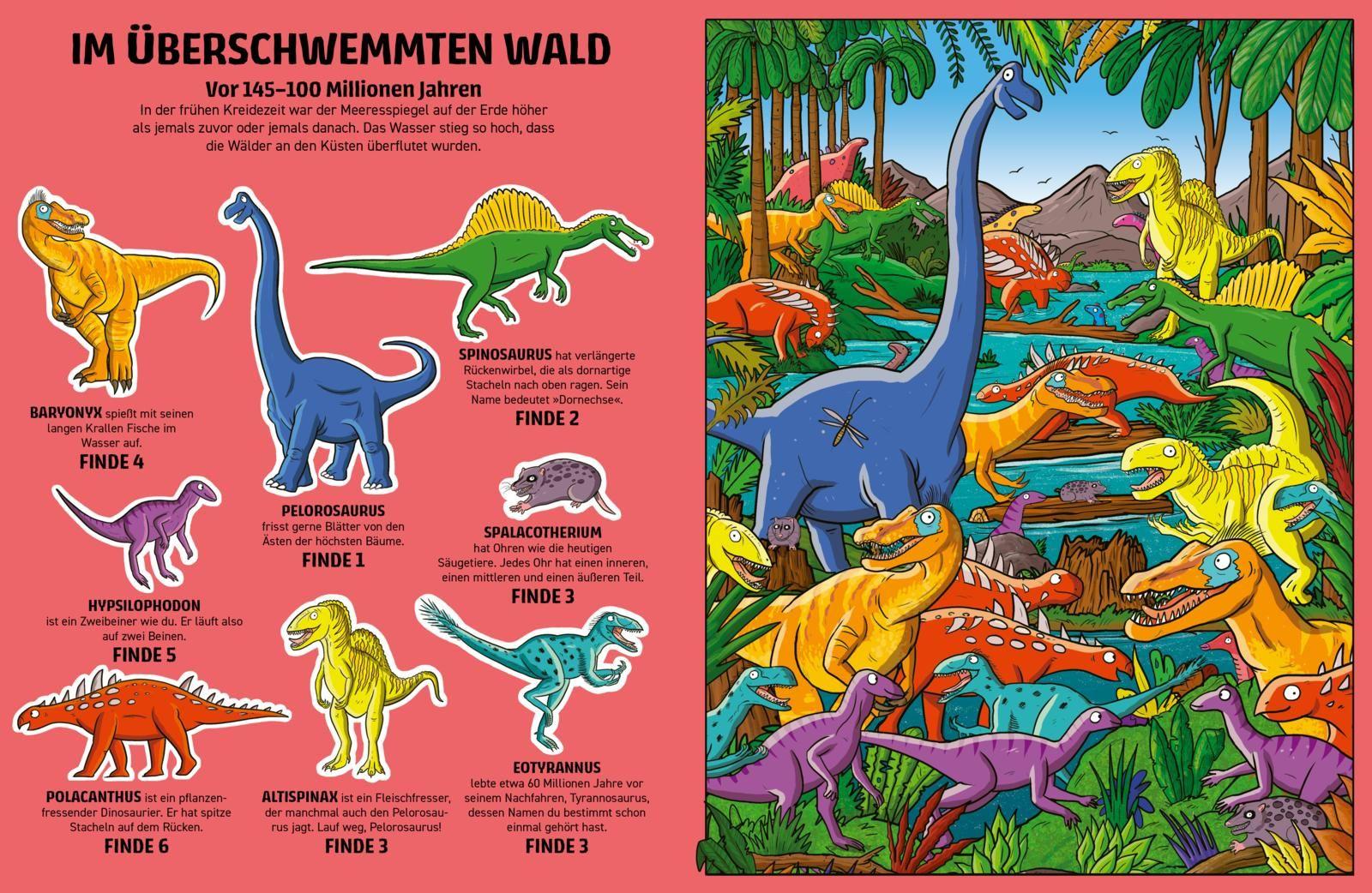 Beispielinhalt (Bild) Finde Dinosaurier, Mammut und Säbelzahntiger