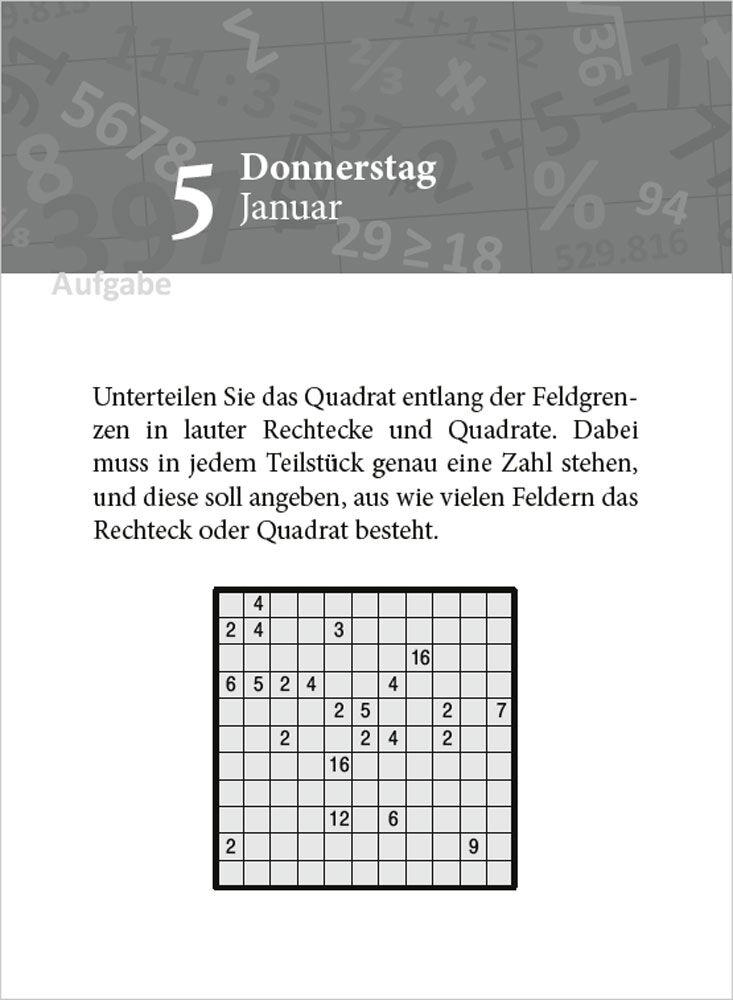 Beispielinhalt (Bild) Heureka! Mathematische Rätsel 2026: Tageskalender mit Lösungen