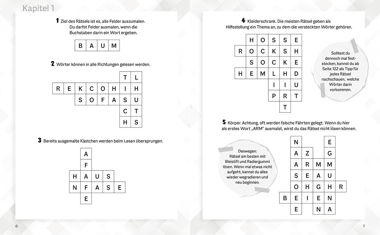 Beispielinhalt (Bild) Wort für Wort - Löse das vertrackte Wörterwirrwarr! Rätselbuch für Logikfans