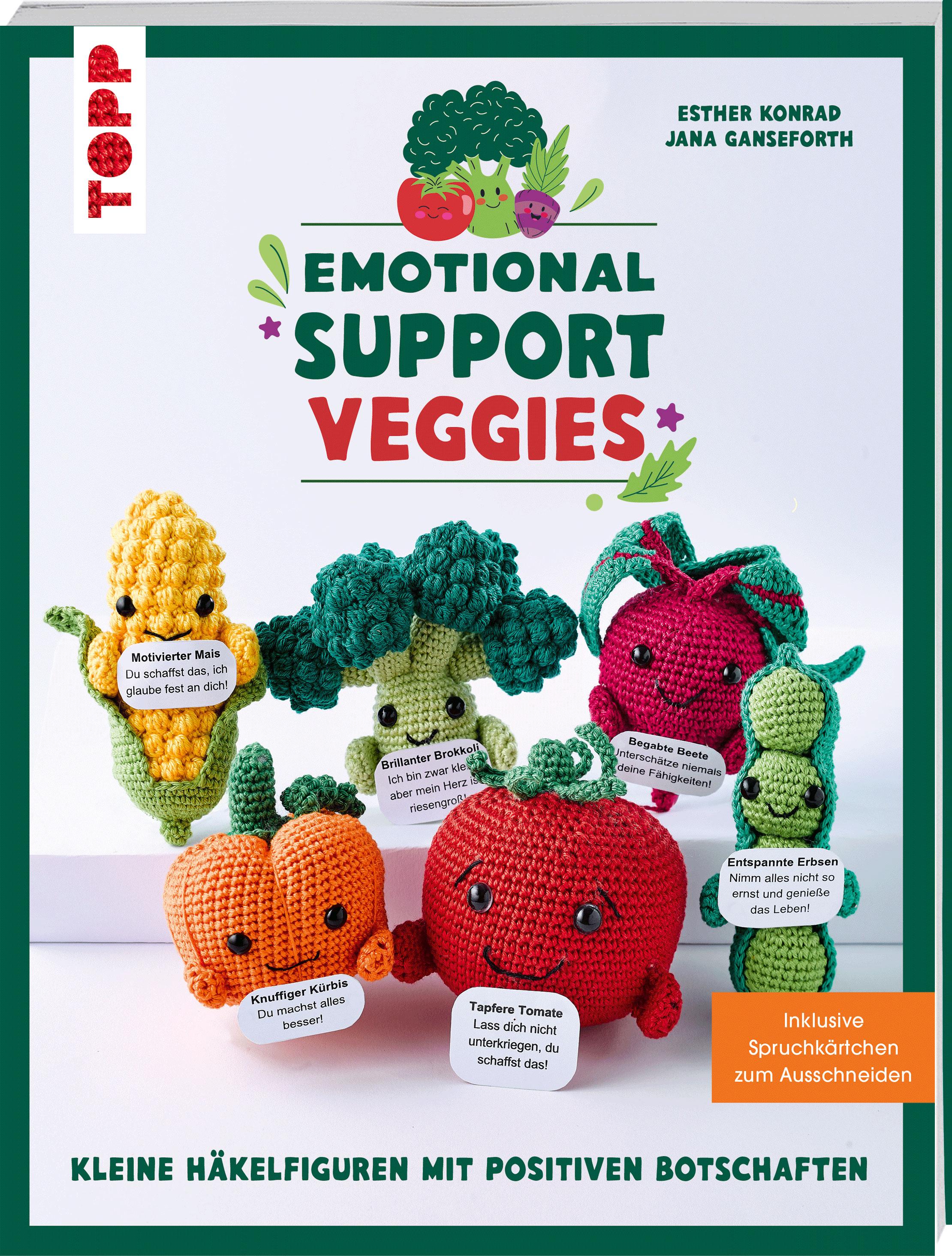 Vorderes Coverbild Emotional Support Veggies. Kleine Häkelfiguren mit positiven Botschaften