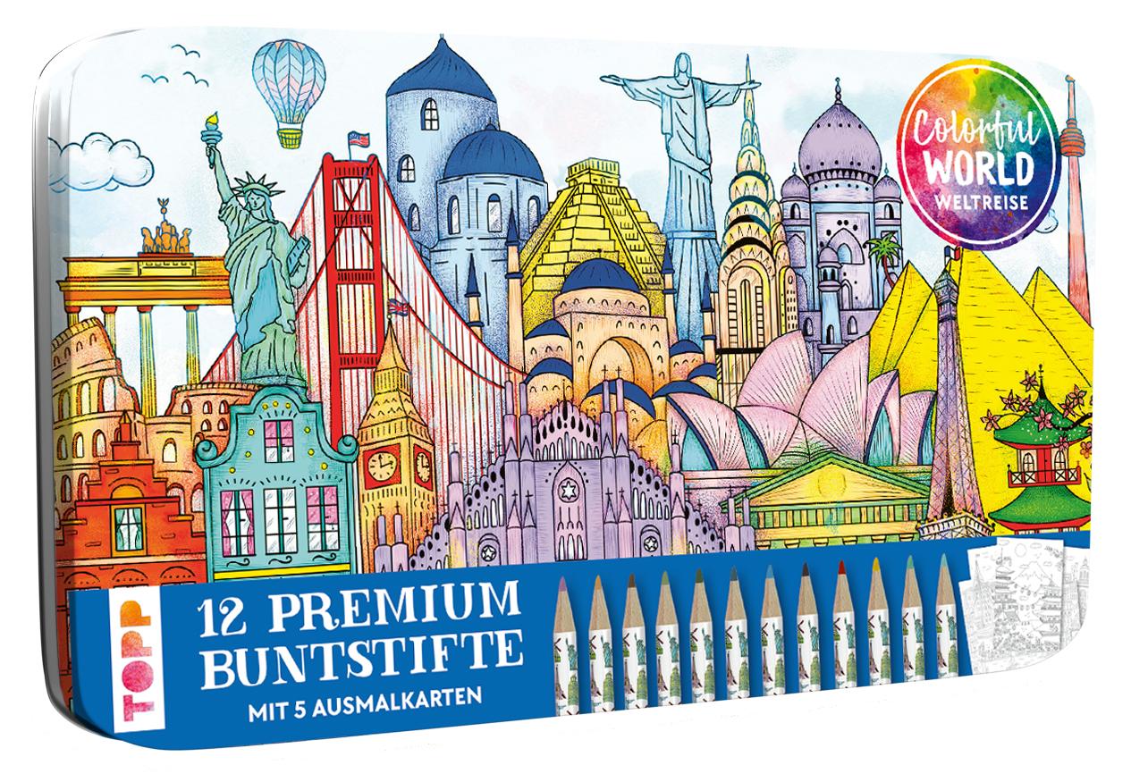 Vorderes Coverbild Colorful World Weltreise Designdose mit 12 Buntstiften