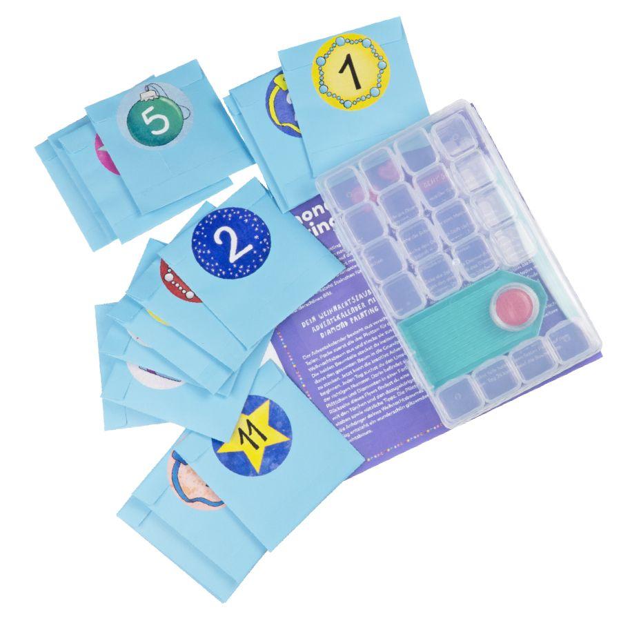 Beispielinhalt (Bild) Diamond Painting Adventskalender Glitzerndes Weihnachtsdorf. Mit Material und Werkzeug für 24 Aufsteller