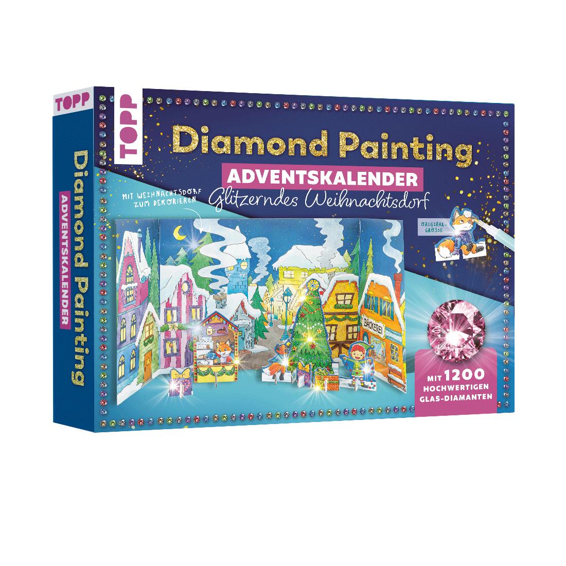 Vorderes Coverbild Diamond Painting Adventskalender Glitzerndes Weihnachtsdorf. Mit Material und Werkzeug für 24 Aufsteller