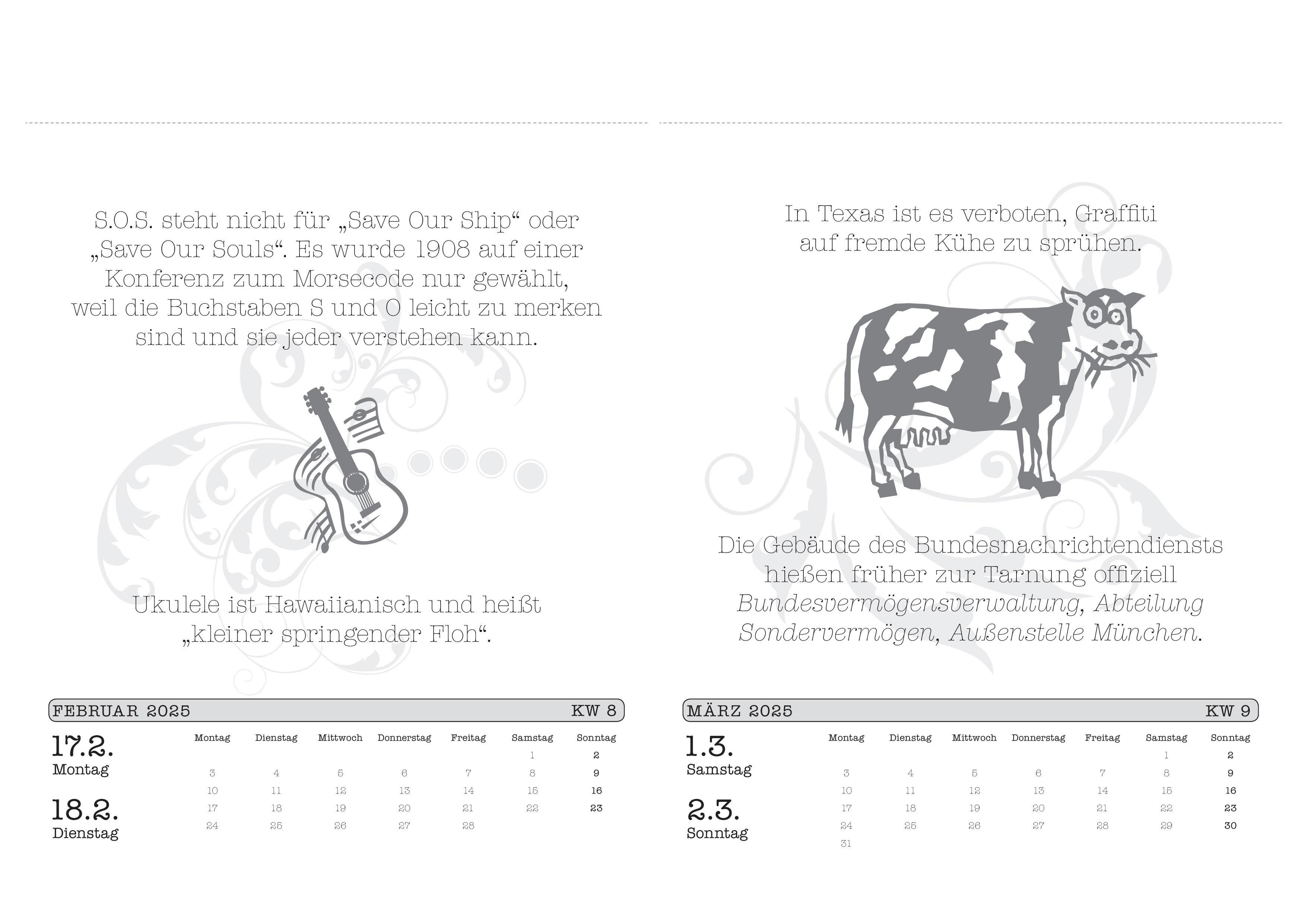 Beispielinhalt (Bild) Unnützes Wissen Kalender 2026. Der beliebte, aber überflüssige Abreißkalender