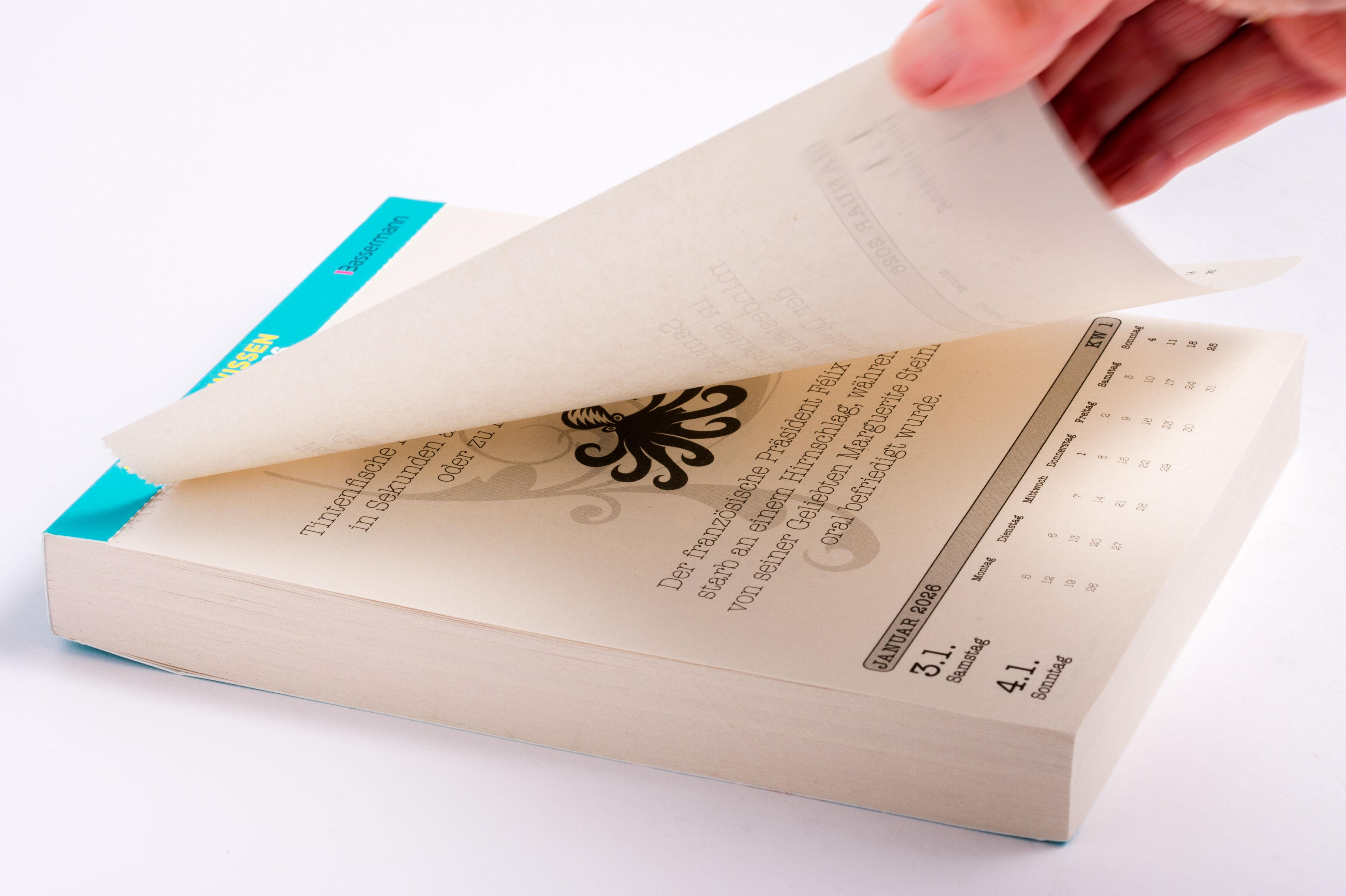 Beispielinhalt (Bild) Unnützes Wissen Kalender 2026. Der beliebte, aber überflüssige Abreißkalender