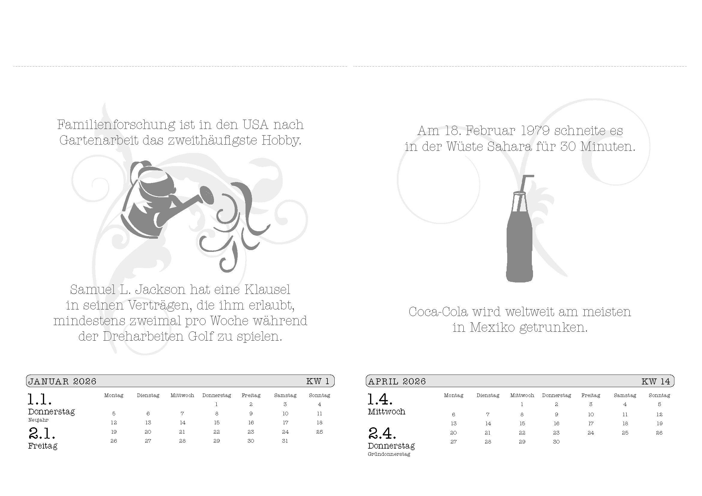 Beispielinhalt (Bild) Unnützes Wissen Kalender 2026. Der beliebte, aber überflüssige Abreißkalender