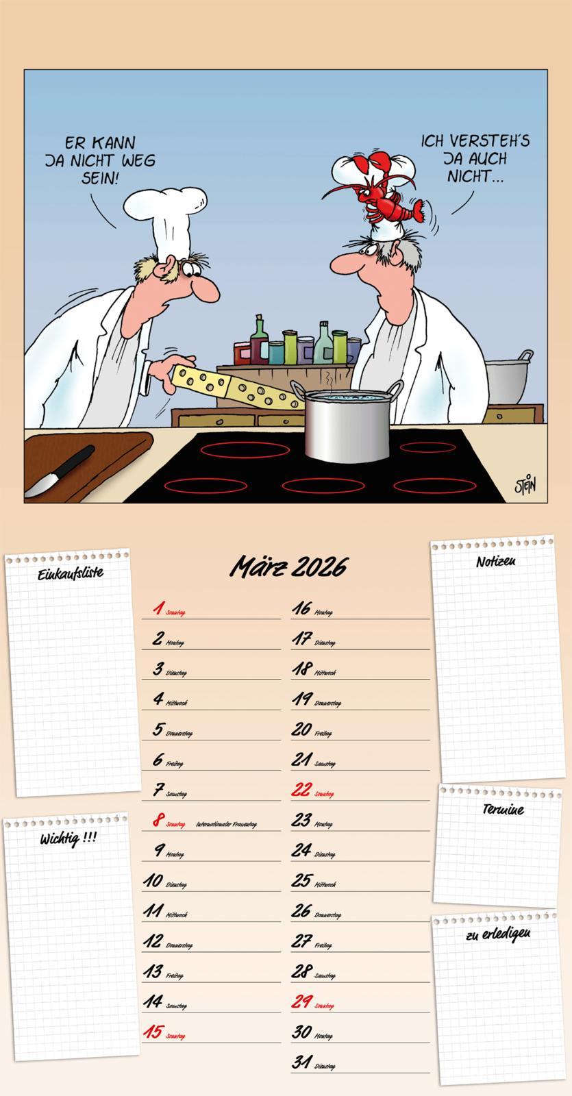 Beispielinhalt (Bild) Uli Stein Küchenkalender 2026: Monatskalender für die Wand