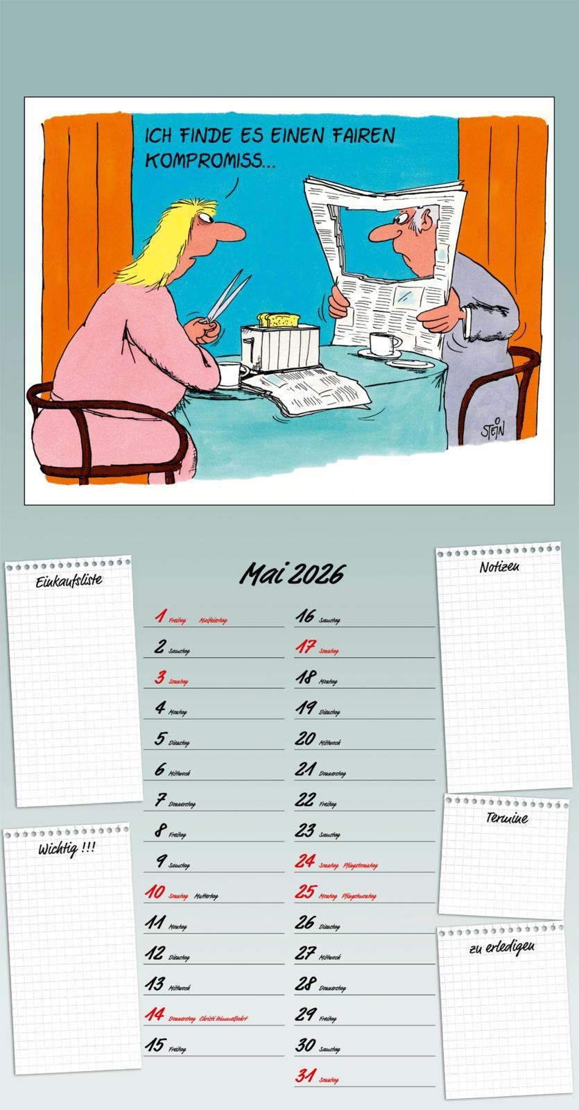 Beispielinhalt (Bild) Uli Stein Küchenkalender 2026: Monatskalender für die Wand