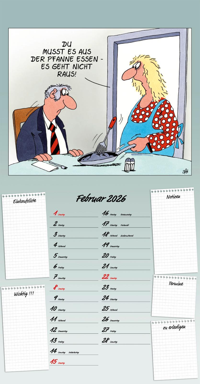 Beispielinhalt (Bild) Uli Stein Küchenkalender 2026: Monatskalender für die Wand