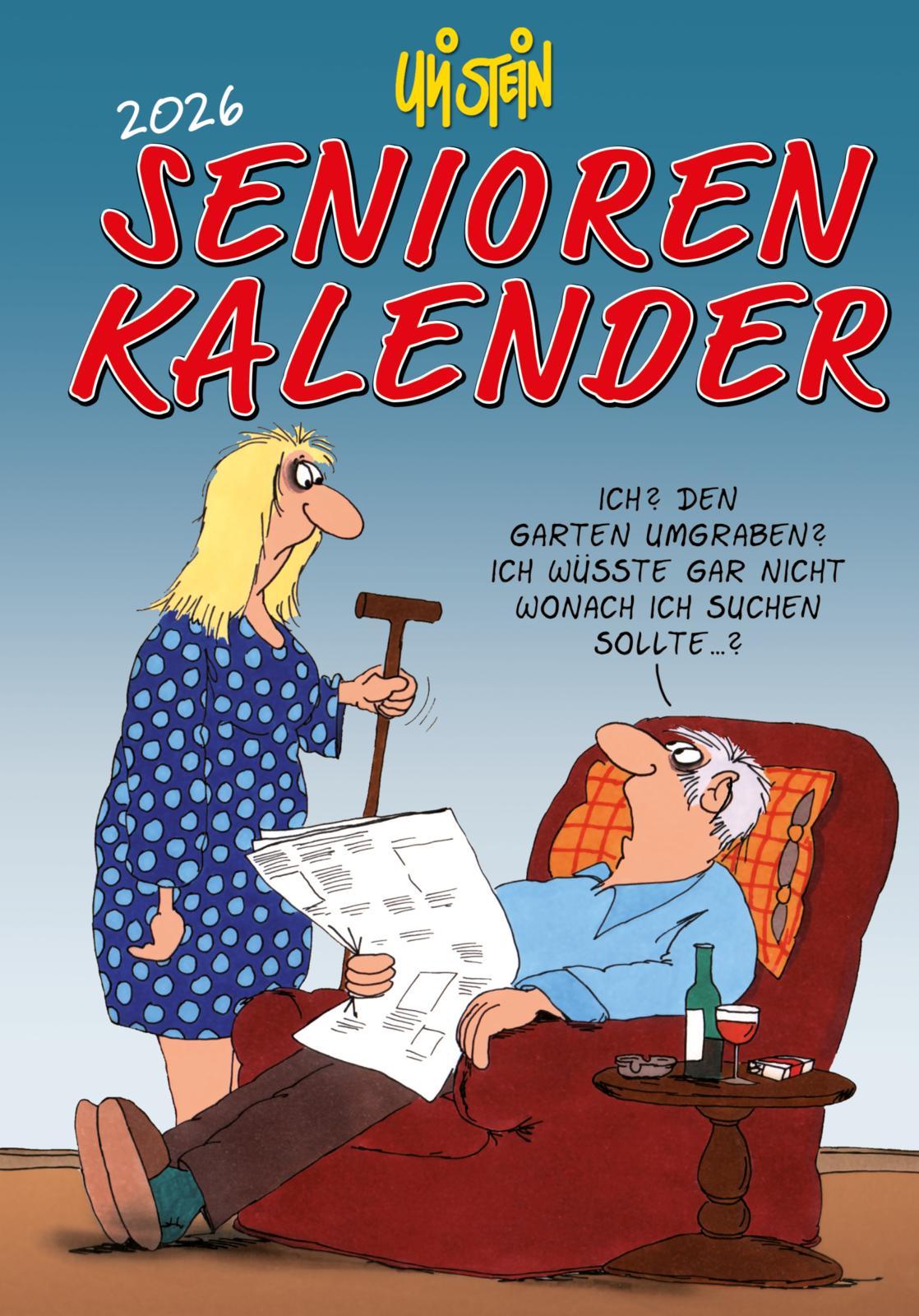 Vorderes Coverbild Uli Stein Senioren-Kalender 2026 mit Spiralbindung und Gummiband