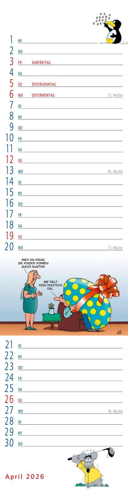 Beispielinhalt (Bild) Uli Stein Streifenkalender 2026: Monatskalender für die Wand