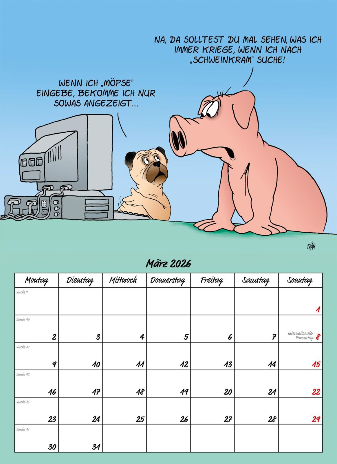 Beispielinhalt (Bild) Uli Stein Tierische Zeiten 2026: Monatskalender für die Wand