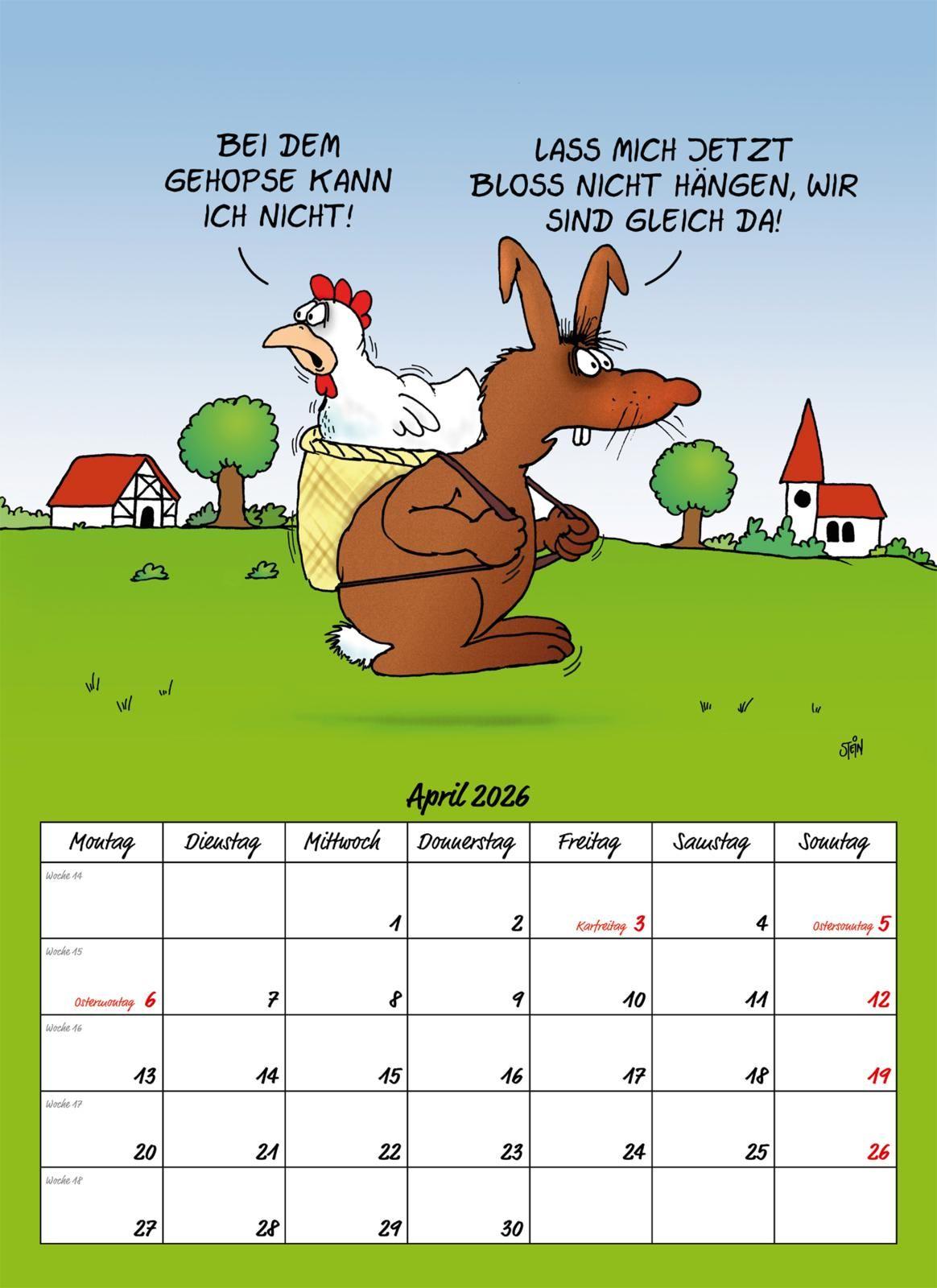 Beispielinhalt (Bild) Uli Stein Tierische Zeiten 2026: Monatskalender für die Wand