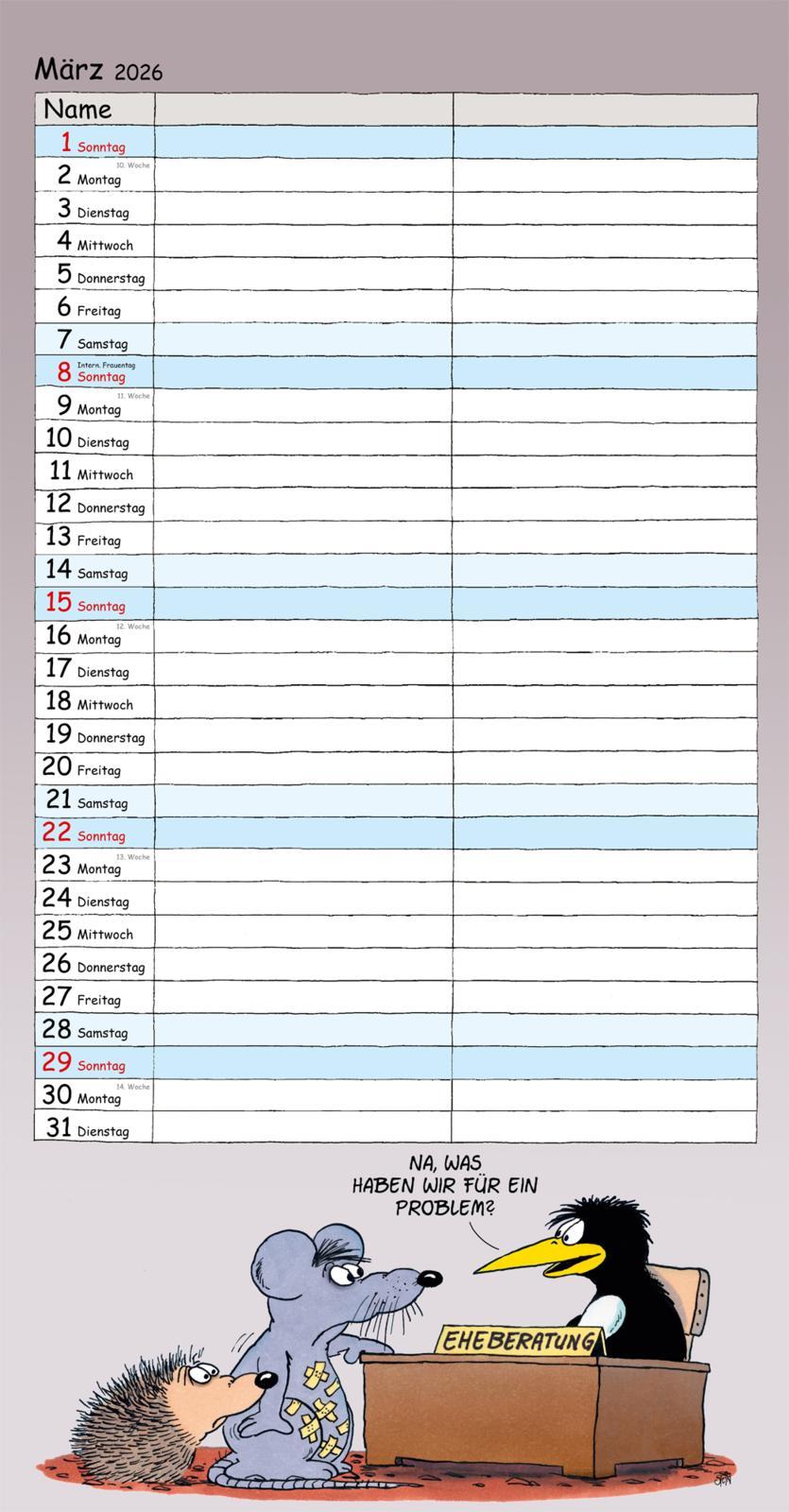 Beispielinhalt (Bild) Uli Stein Timer für zwei 2026: Monatskalender für die Wand