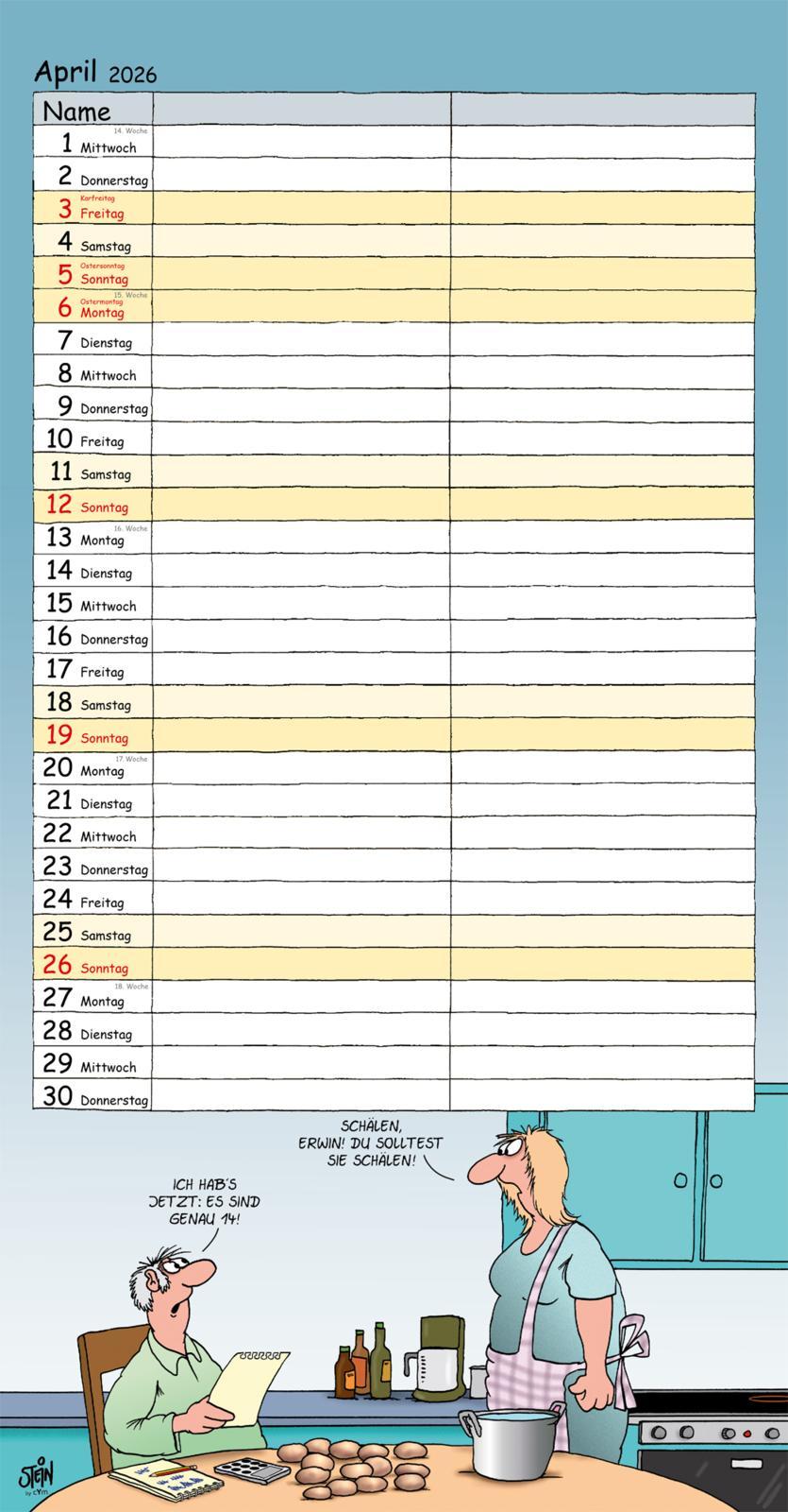 Beispielinhalt (Bild) Uli Stein Timer für zwei 2026: Monatskalender für die Wand