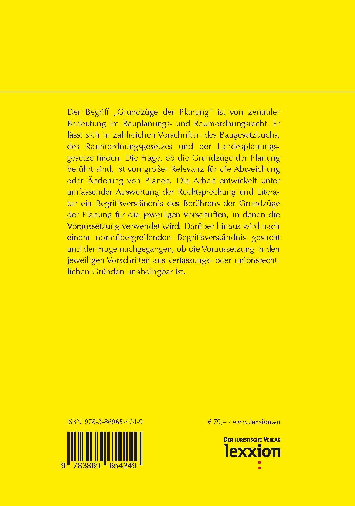 Rückseitencover Der Begriff "Grundzüge der Planung" im Bauplanungs- und Raumordnungsrecht