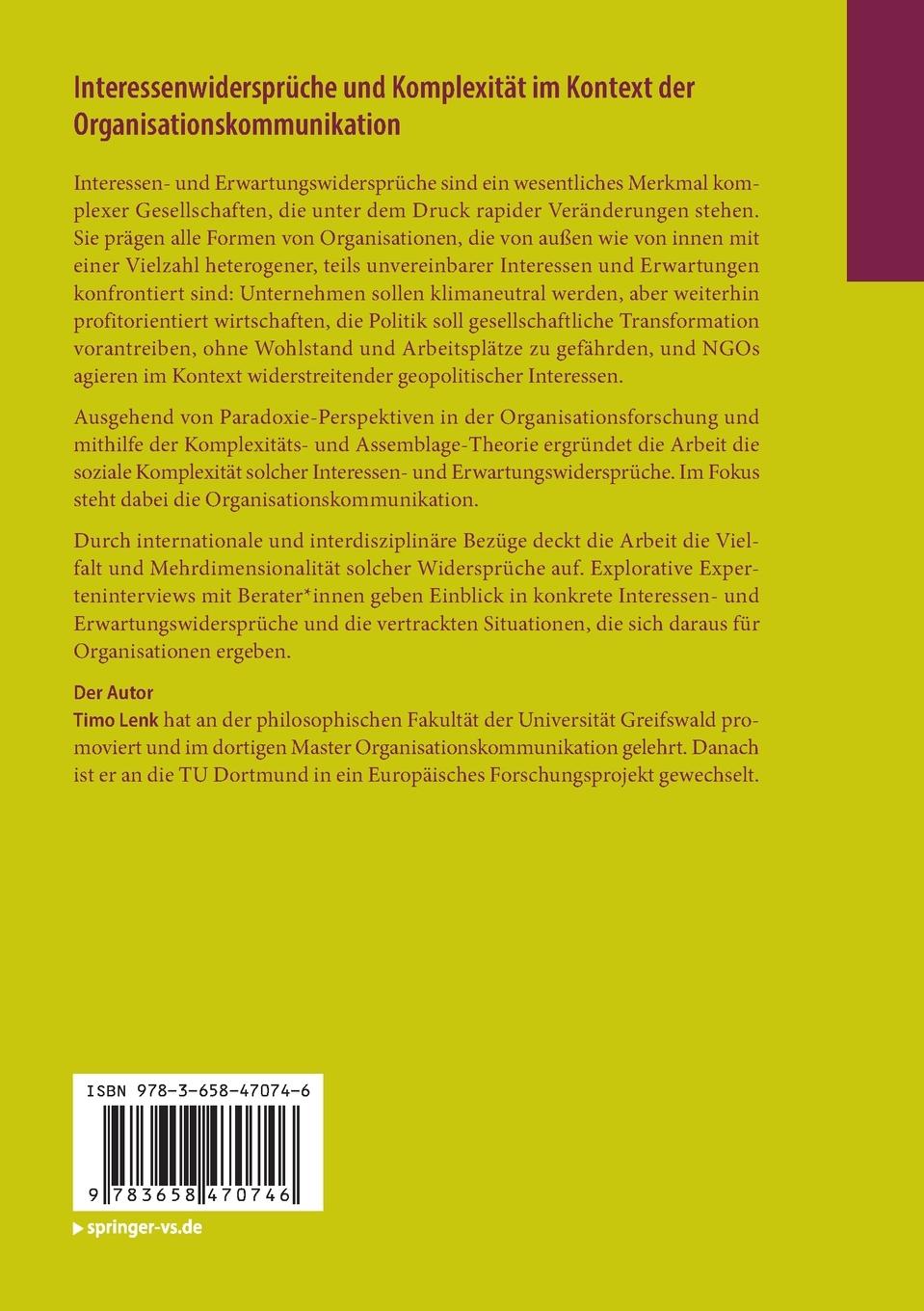 Rückseitencover Interessenwidersprüche und Komplexität im Kontext der Organisationskommunikation