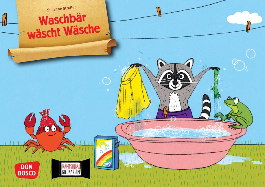 Vorderes Coverbild Waschbär wäscht Wäsche. Kamishibai Bildkartenset