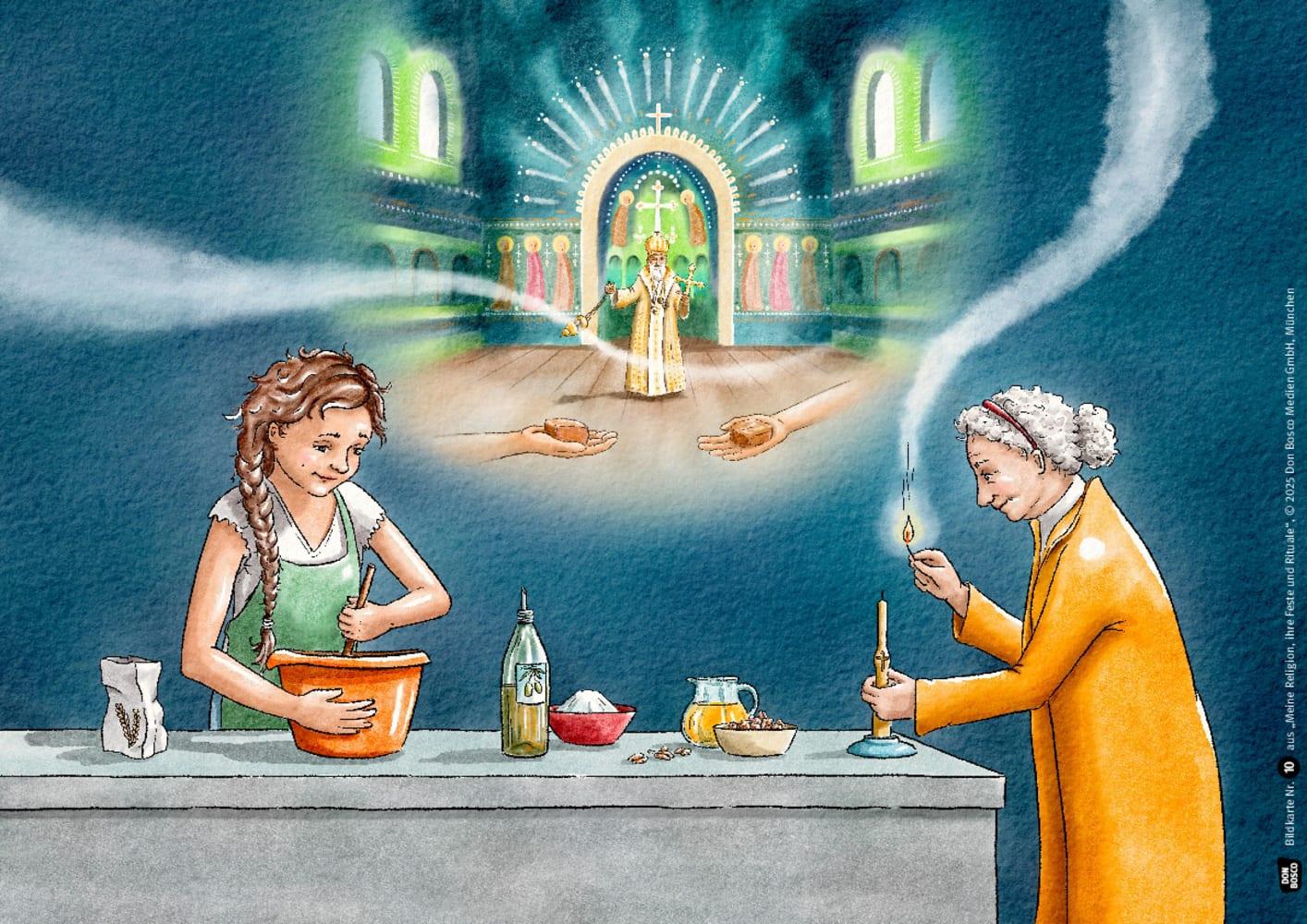 Beispielinhalt (Bild) Meine Religion, ihre Feste und Rituale. Kinder der Weltreligionen erzählen von ihrem Glauben. Kamishibai Bildkartenset