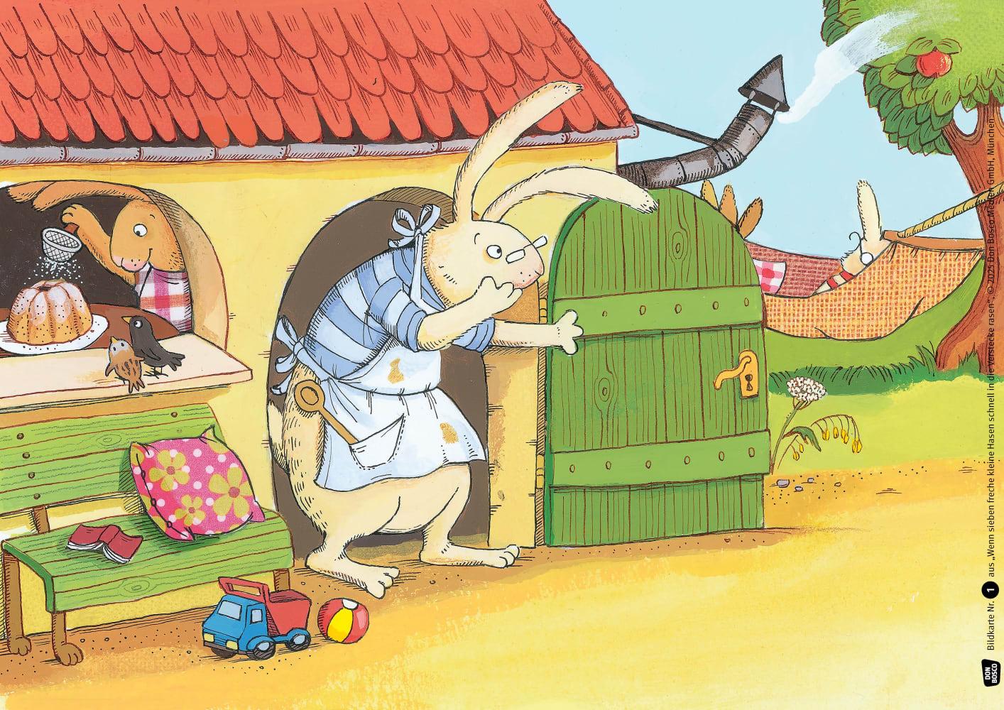 Beispielinhalt (Bild) Wenn sieben freche kleine Hasen schnell in die Verstecke rasen. Kamishibai Bildkartenset