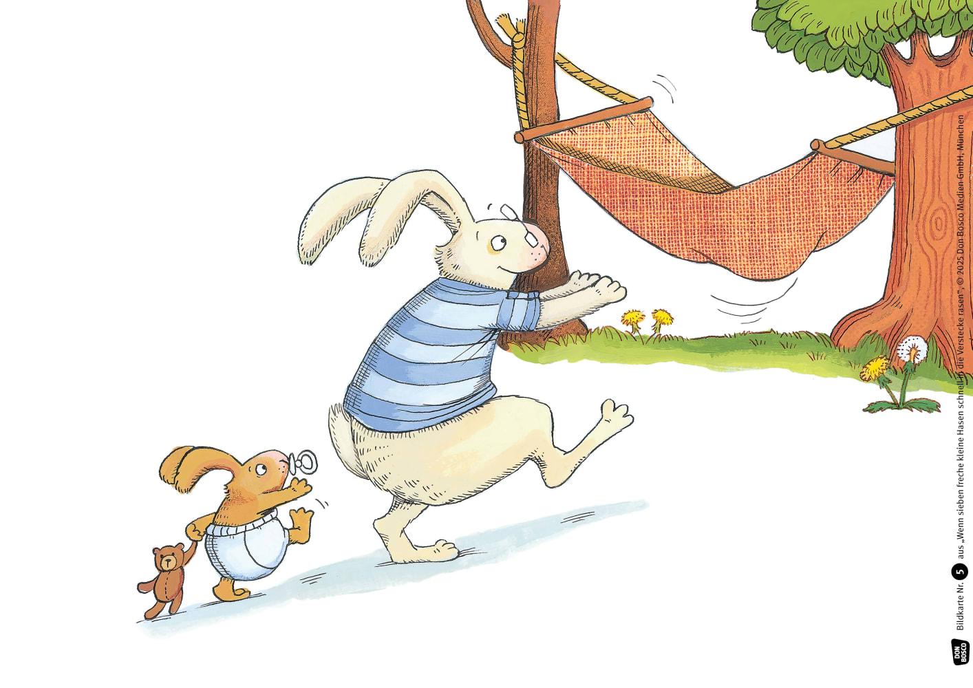 Beispielinhalt (Bild) Wenn sieben freche kleine Hasen schnell in die Verstecke rasen. Kamishibai Bildkartenset