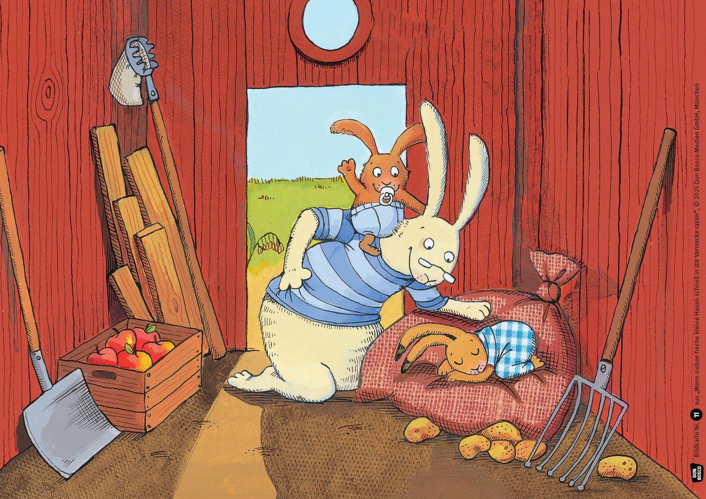 Beispielinhalt (Bild) Wenn sieben freche kleine Hasen schnell in die Verstecke rasen. Kamishibai Bildkartenset