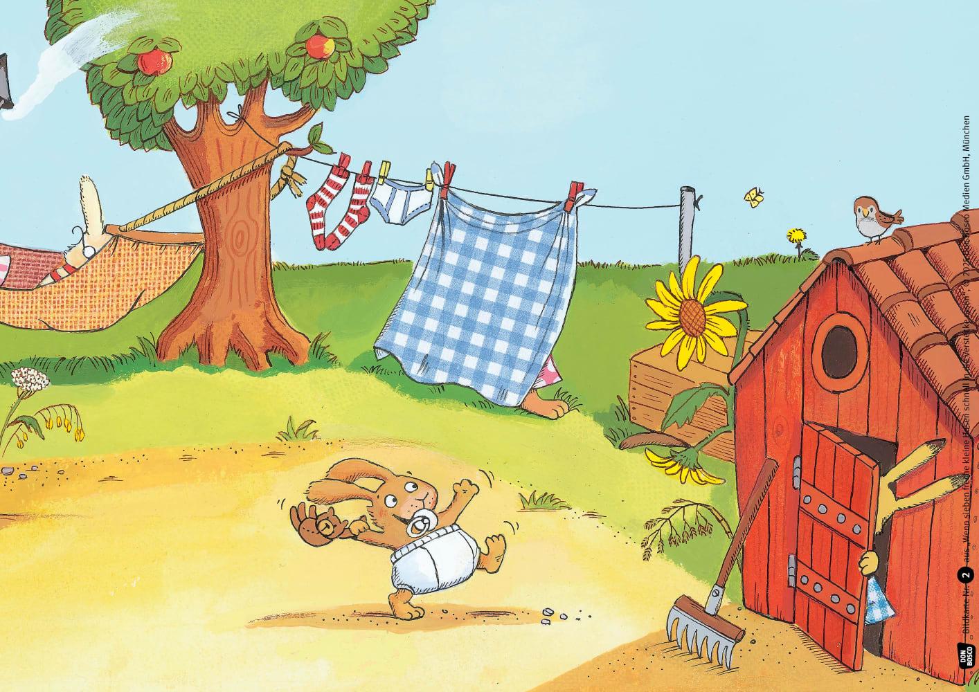 Beispielinhalt (Bild) Wenn sieben freche kleine Hasen schnell in die Verstecke rasen. Kamishibai Bildkartenset