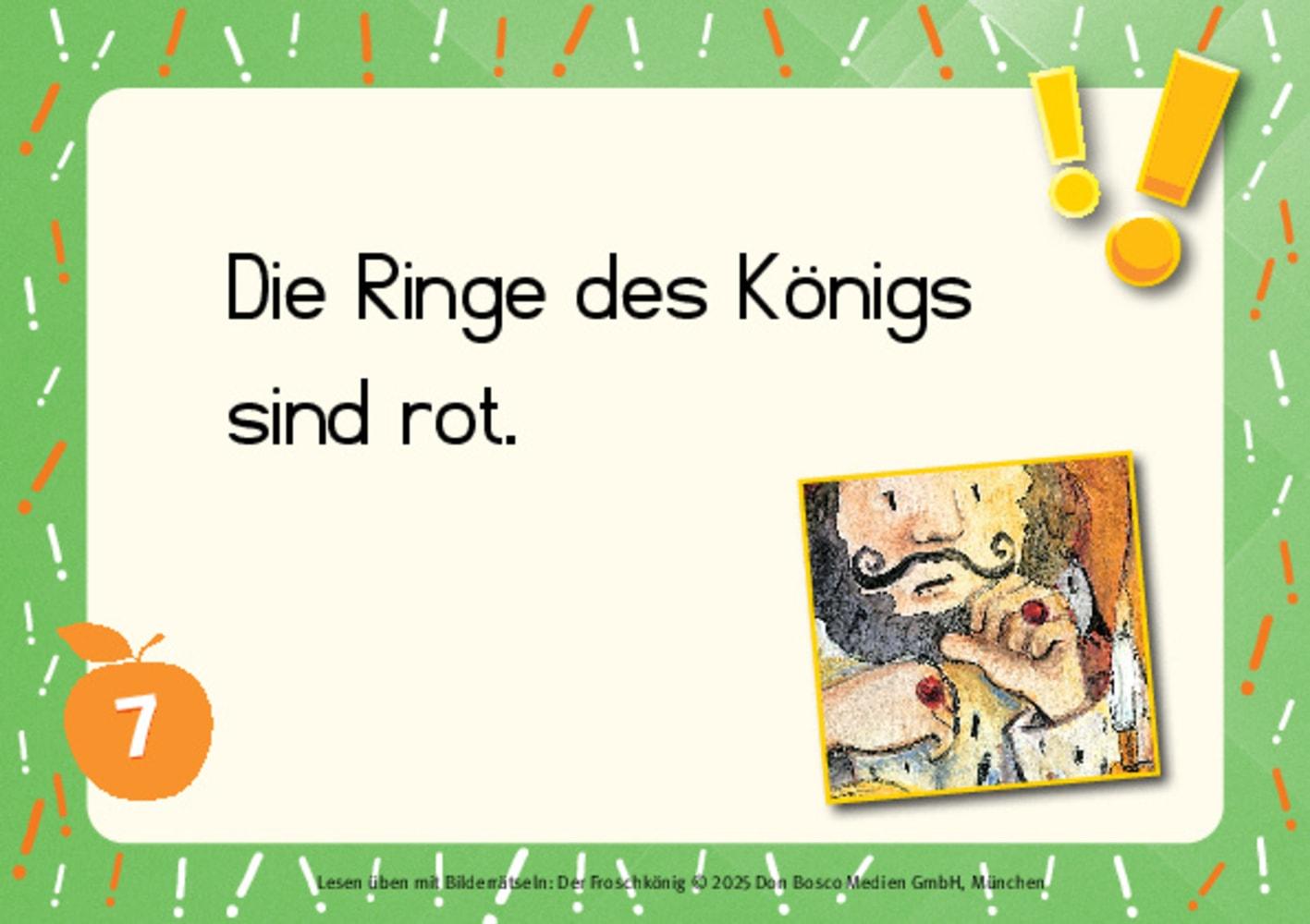 Beispielinhalt (Bild) Lesen üben mit Bilderrätseln zum Froschkönig. 34 Bildkarten zur Leseförderung