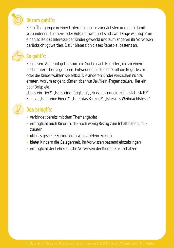 Beispielinhalt (Bild) 30 Rituale und Übergänge in der Grundschule. Für Orientierung, Sicherheit und Struktur im Schulalltag