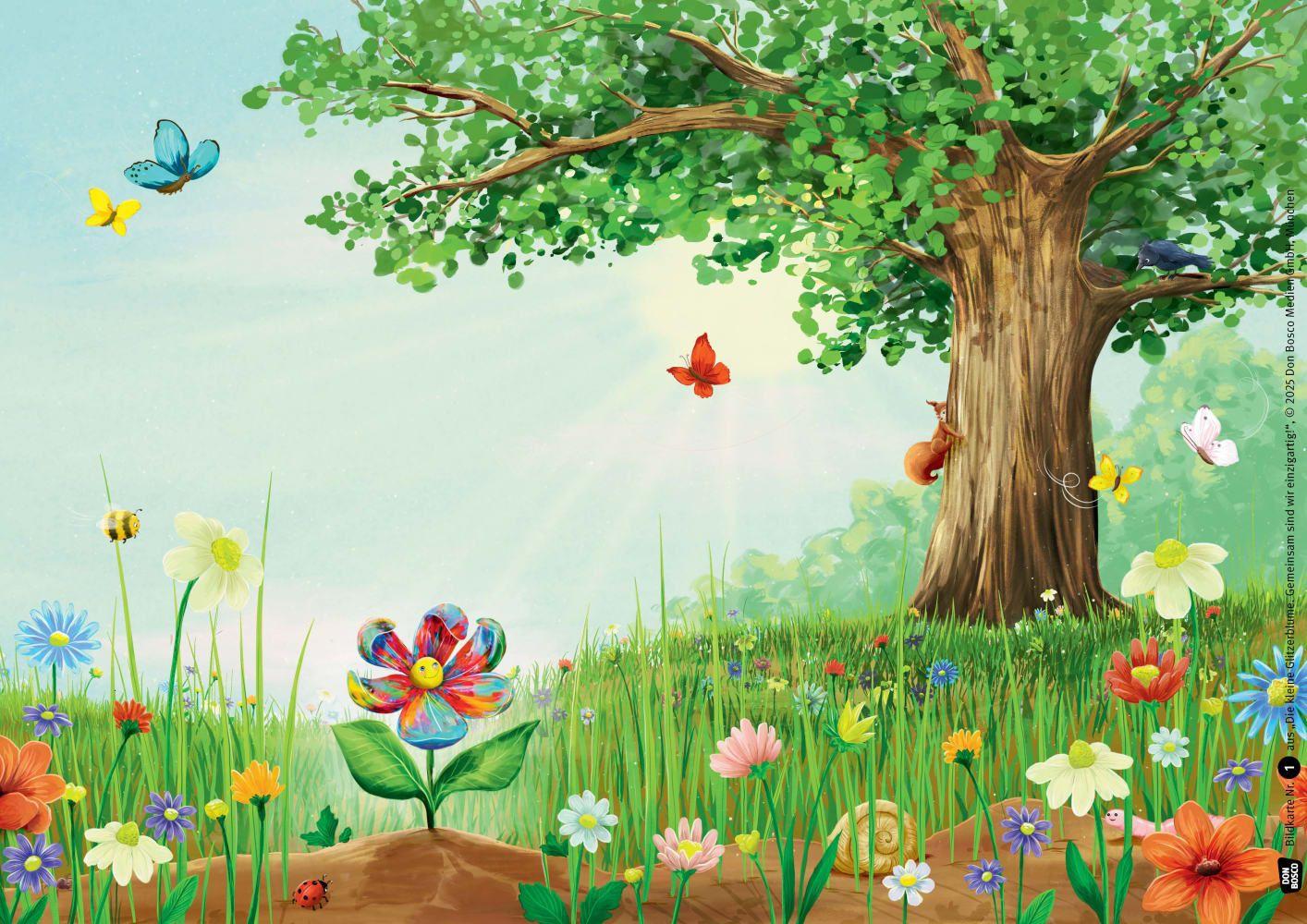 Beispielinhalt (Bild) Die kleine Glitzerblume. Gemeinsam sind wir einzigartig! Eine Geschichte mit Rabe und Eichhörnchen. Kamishibai Bildkartenset