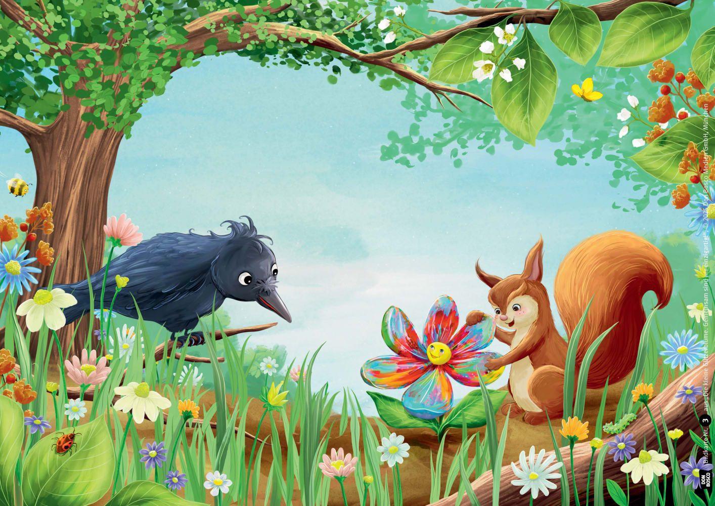 Beispielinhalt (Bild) Die kleine Glitzerblume. Gemeinsam sind wir einzigartig! Eine Geschichte mit Rabe und Eichhörnchen. Kamishibai Bildkartenset