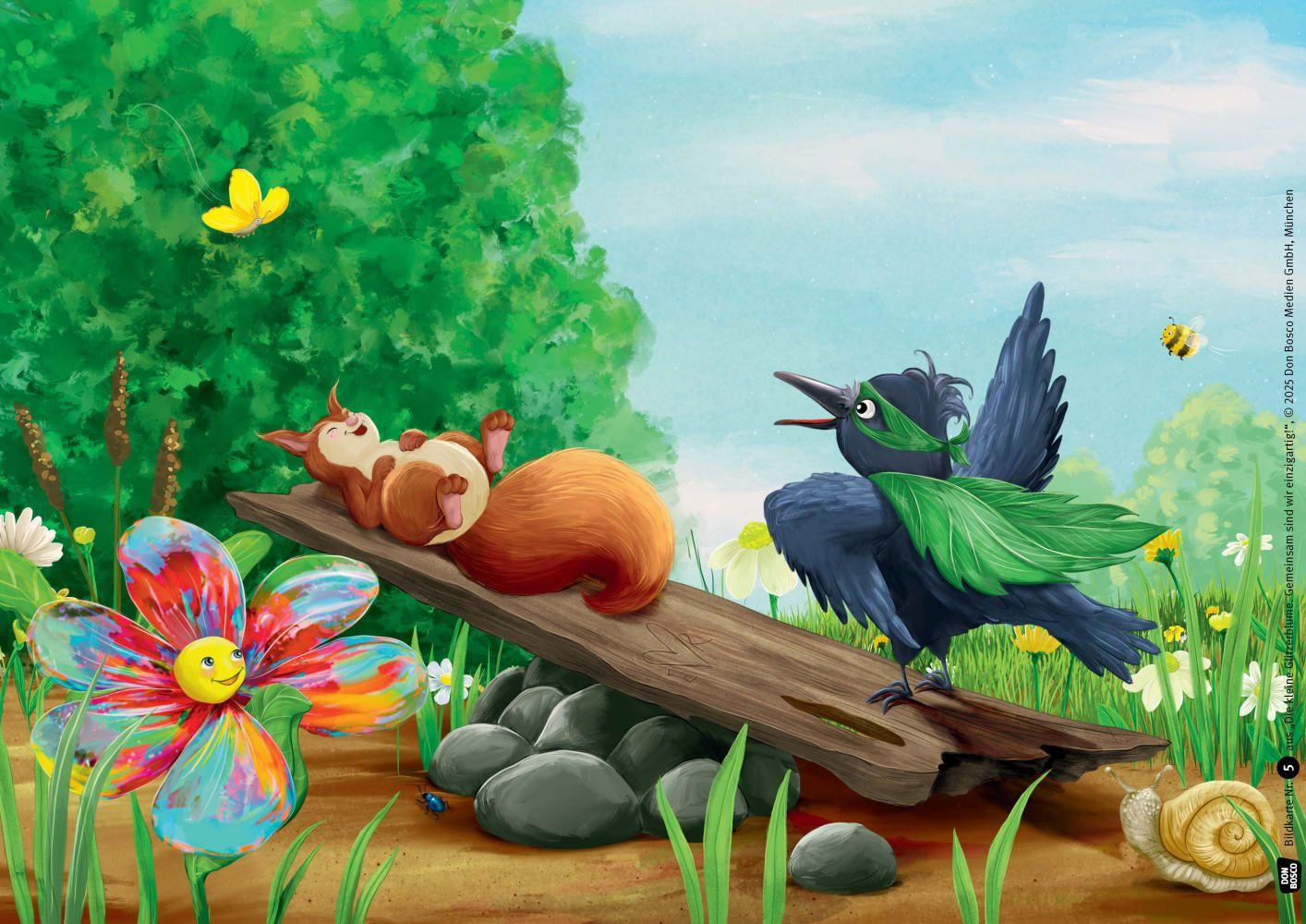 Beispielinhalt (Bild) Die kleine Glitzerblume. Gemeinsam sind wir einzigartig! Eine Geschichte mit Rabe und Eichhörnchen. Kamishibai Bildkartenset