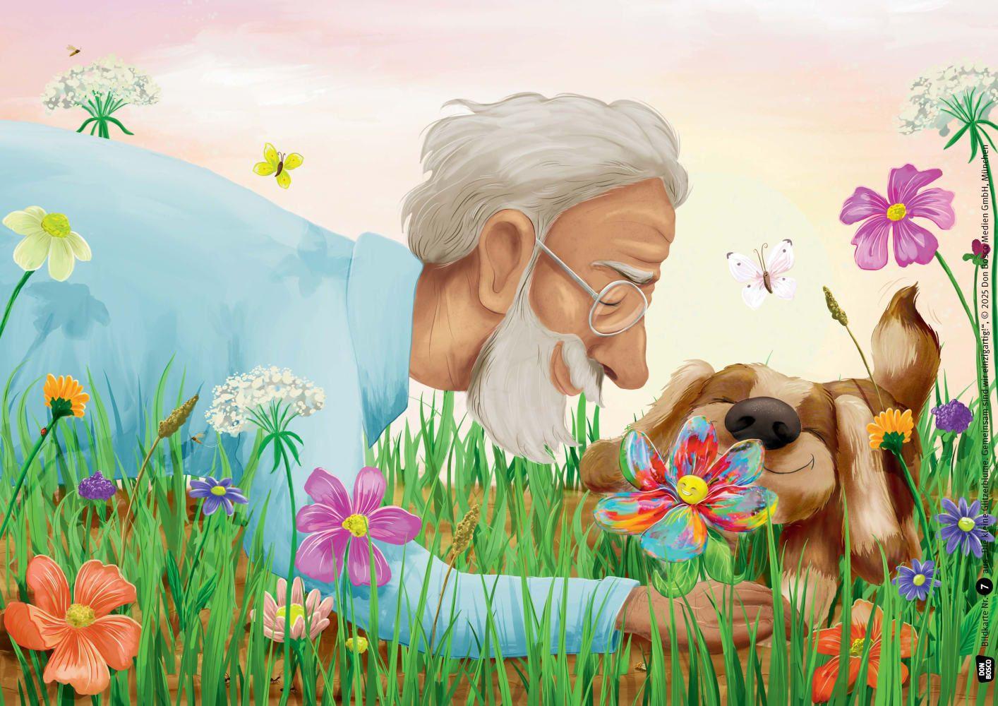 Beispielinhalt (Bild) Die kleine Glitzerblume. Gemeinsam sind wir einzigartig! Eine Geschichte mit Rabe und Eichhörnchen. Kamishibai Bildkartenset