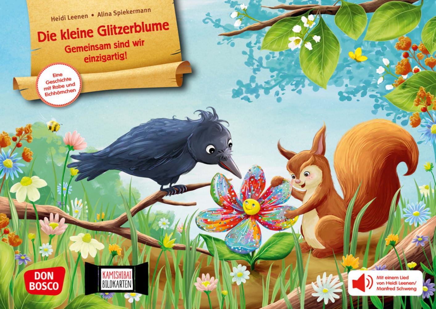 Vorderes Coverbild Die kleine Glitzerblume. Gemeinsam sind wir einzigartig! Eine Geschichte mit Rabe und Eichhörnchen. Kamishibai Bildkartenset