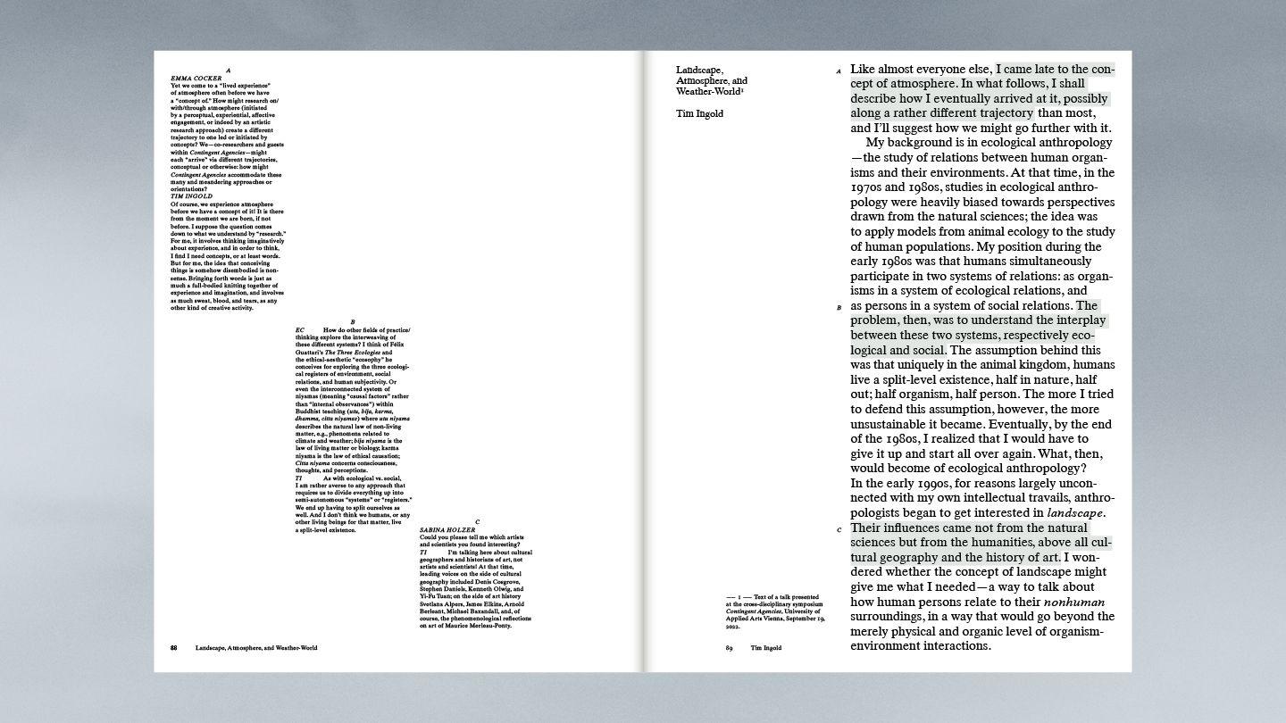 Beispielinhalt (Bild) Contingent Agencies - Inquiring Into the Emergence of Atmospheres. Artistic Research on Human and Nonhuman Relations