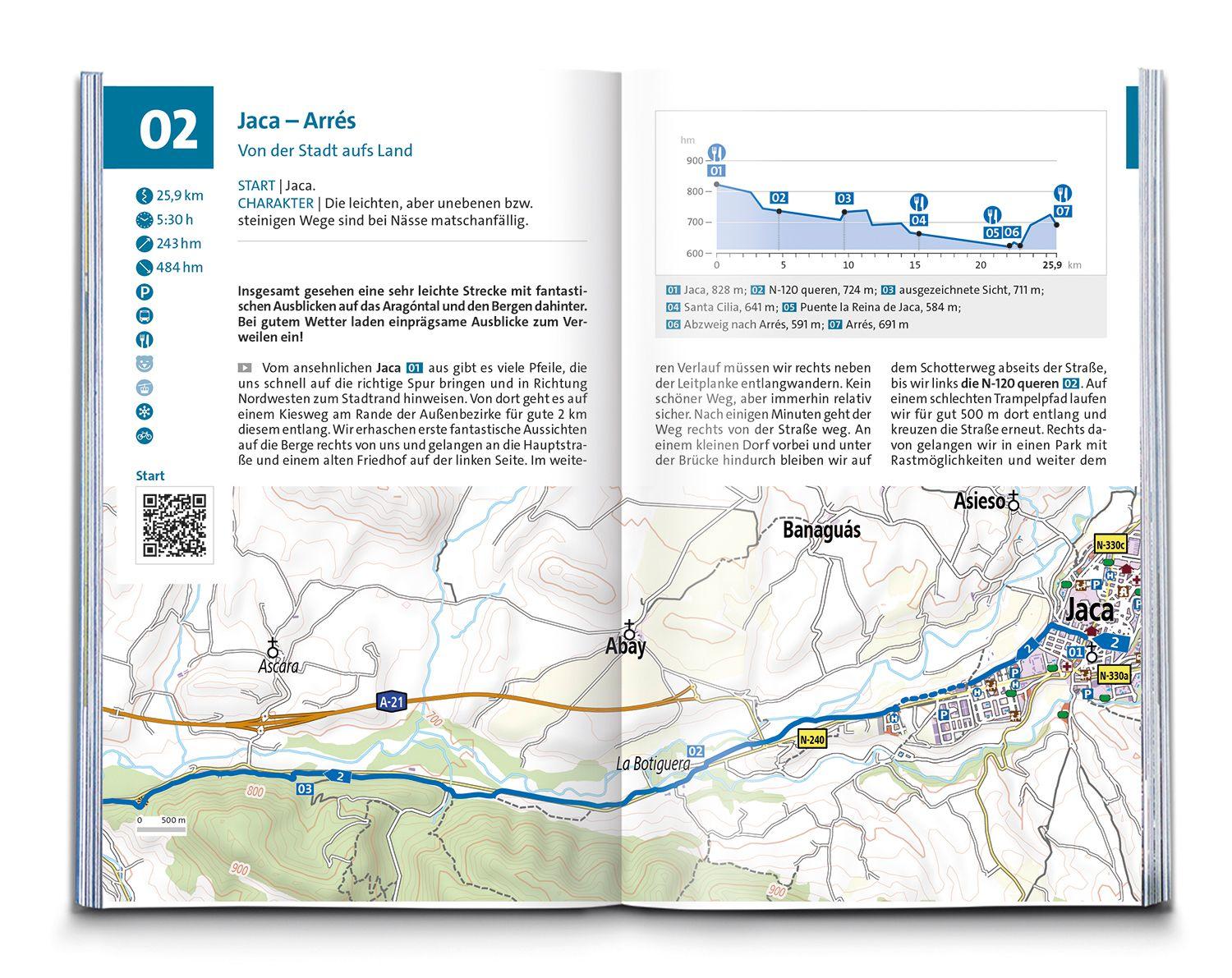Beispielinhalt (Bild) KOMPASS Wanderführer Jakobsweg Spanien, Camino Francés. Von den Pyrenäen nach Santiago de Compostela und Fisterra, 46 Etappen mit Extra-Tourenkarte