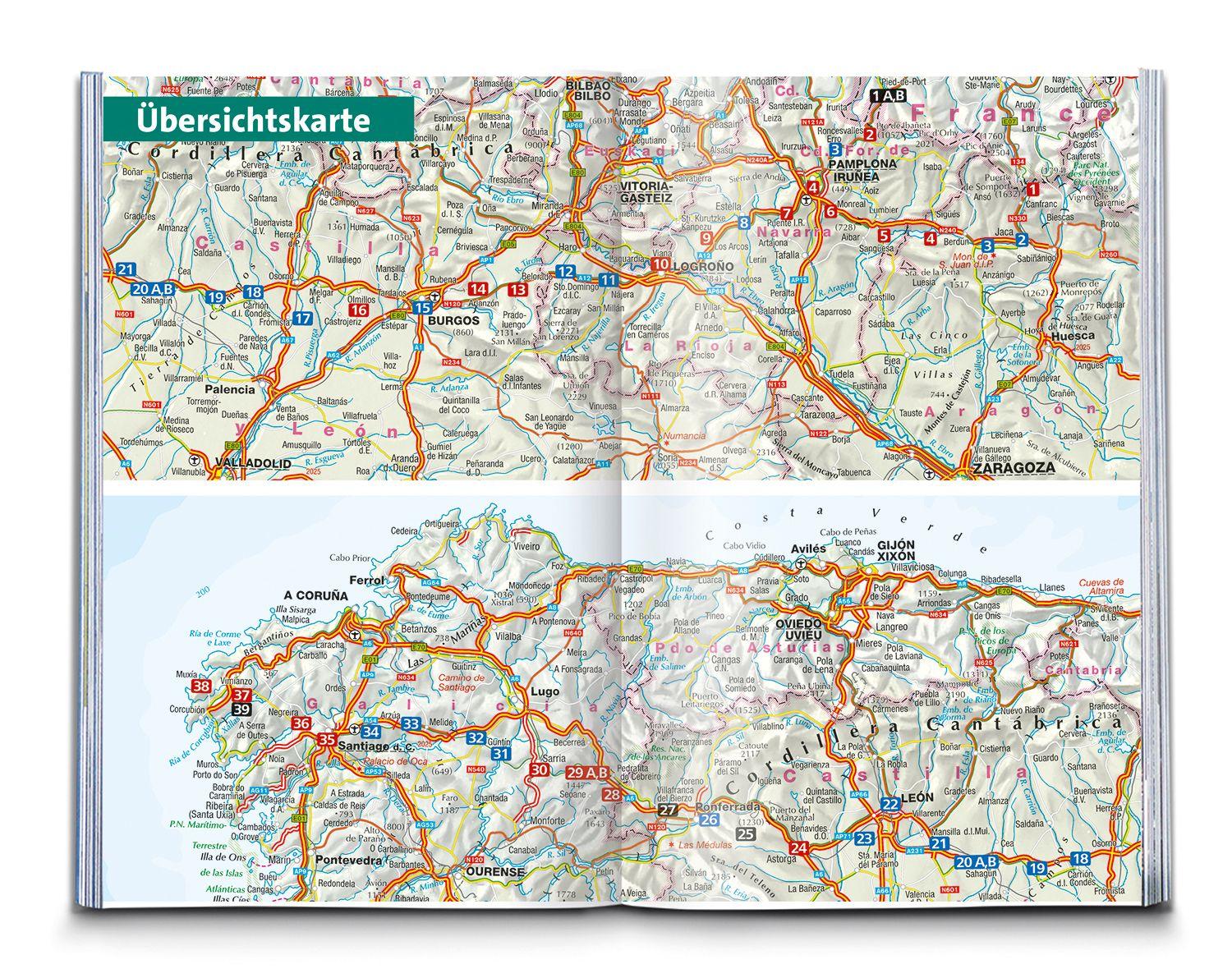 Beispielinhalt (Bild) KOMPASS Wanderführer Jakobsweg Spanien, Camino Francés. Von den Pyrenäen nach Santiago de Compostela und Fisterra, 46 Etappen mit Extra-Tourenkarte