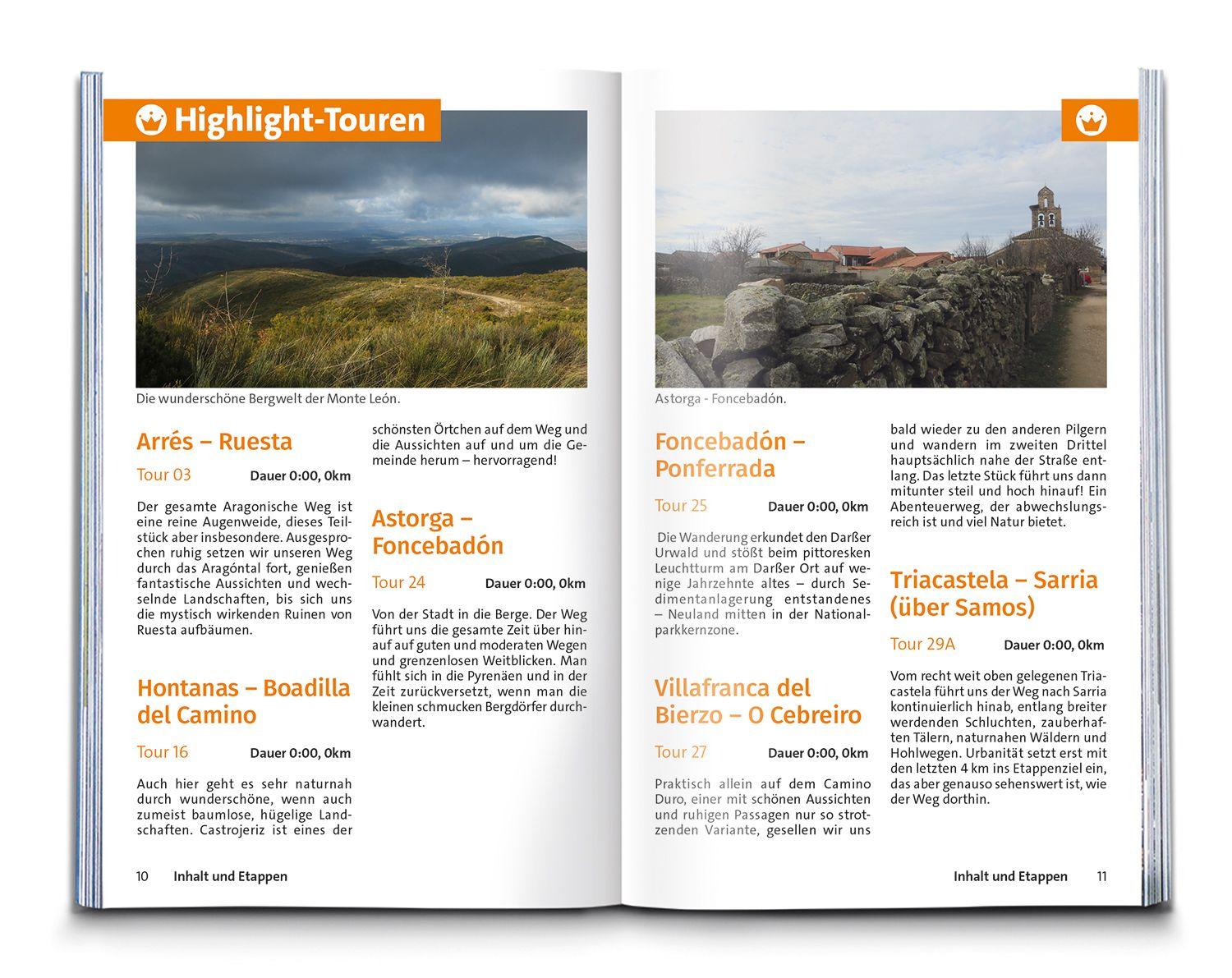 Beispielinhalt (Bild) KOMPASS Wanderführer Jakobsweg Spanien, Camino Francés. Von den Pyrenäen nach Santiago de Compostela und Fisterra, 46 Etappen mit Extra-Tourenkarte