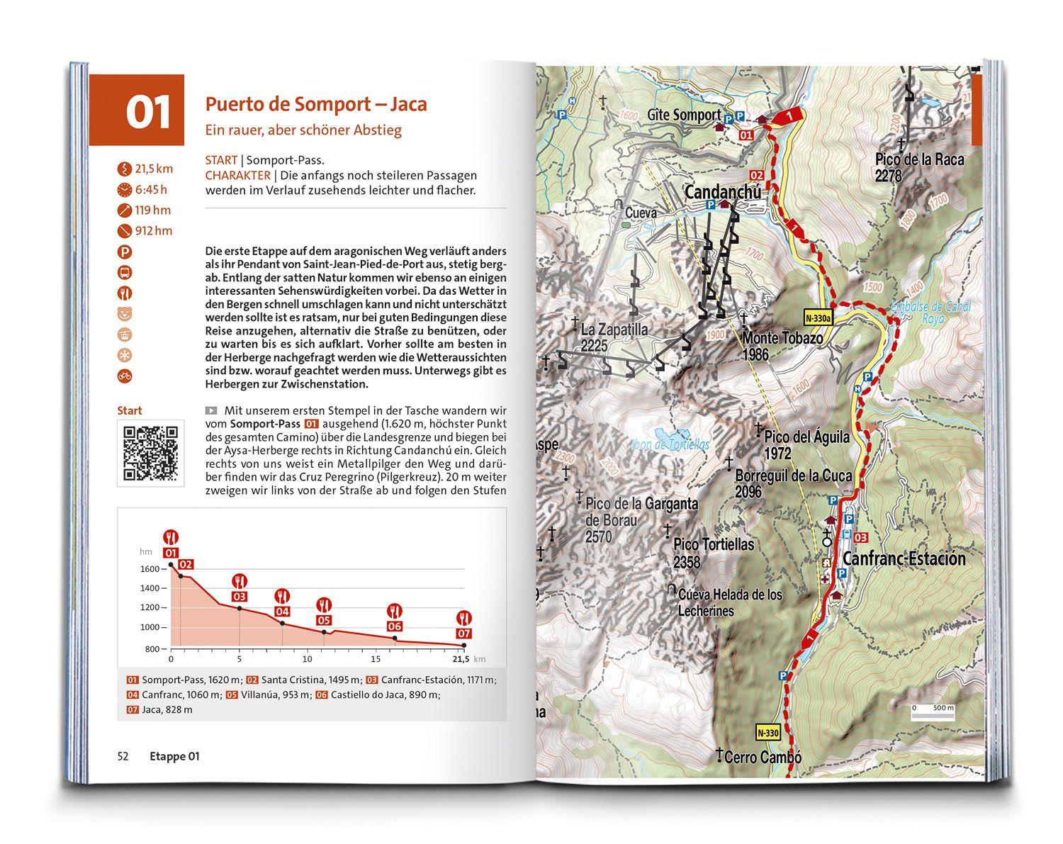 Beispielinhalt (Bild) KOMPASS Wanderführer Jakobsweg Spanien, Camino Francés. Von den Pyrenäen nach Santiago de Compostela und Fisterra, 46 Etappen mit Extra-Tourenkarte