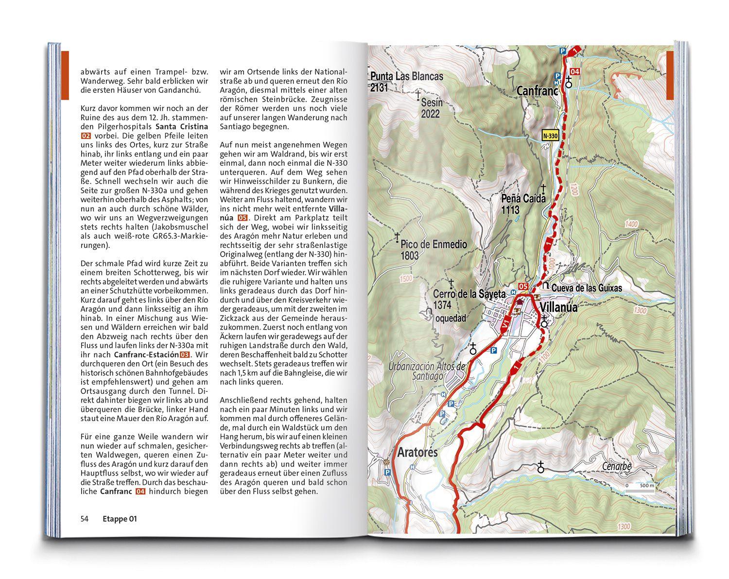 Beispielinhalt (Bild) KOMPASS Wanderführer Jakobsweg Spanien, Camino Francés. Von den Pyrenäen nach Santiago de Compostela und Fisterra, 46 Etappen mit Extra-Tourenkarte