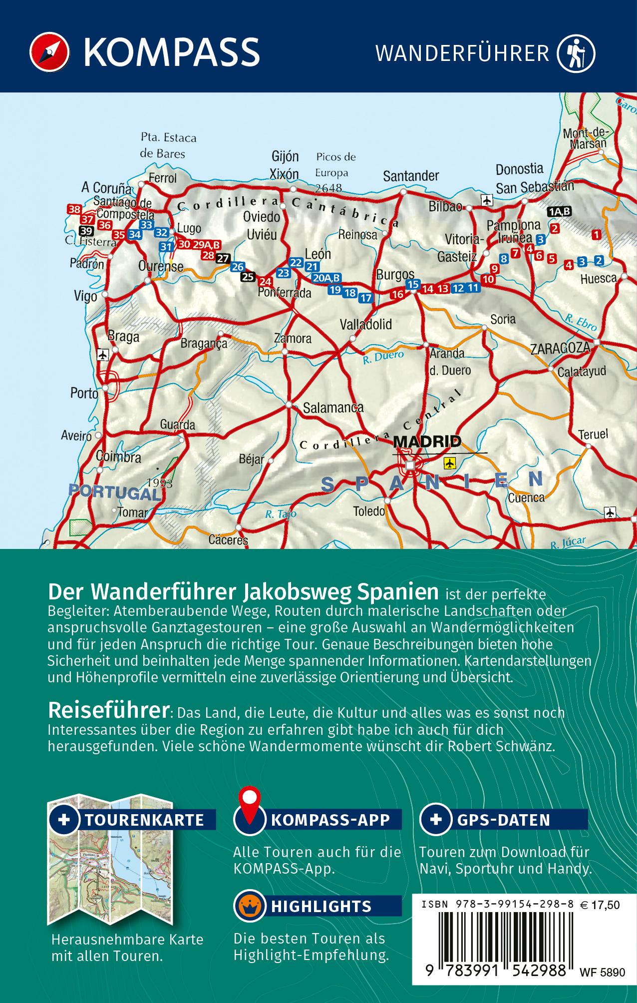 Rückseitencover KOMPASS Wanderführer Jakobsweg Spanien, Camino Francés. Von den Pyrenäen nach Santiago de Compostela und Fisterra, 46 Etappen mit Extra-Tourenkarte