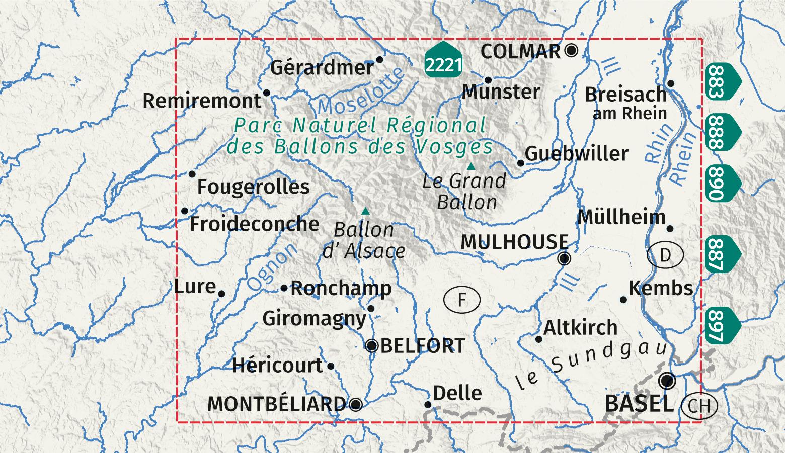 Beispielinhalt (Bild) KOMPASS Wanderkarten-Set 2222 Elsass, Vogesen Süd / Alsace, Vosges du Sud, Colmar, Mülhausen / Mulhouse (2 Karten) 1:50.000