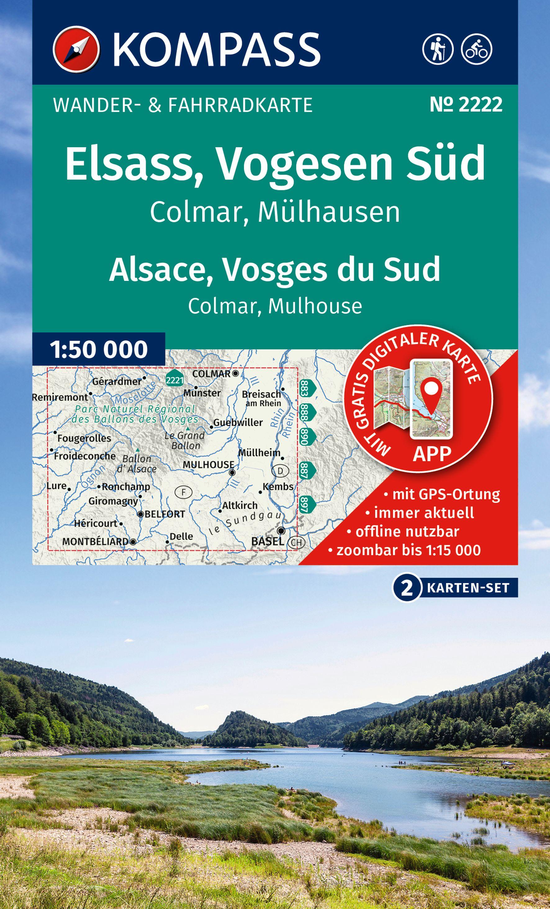 Vorderes Coverbild KOMPASS Wanderkarten-Set 2222 Elsass, Vogesen Süd / Alsace, Vosges du Sud, Colmar, Mülhausen / Mulhouse (2 Karten) 1:50.000